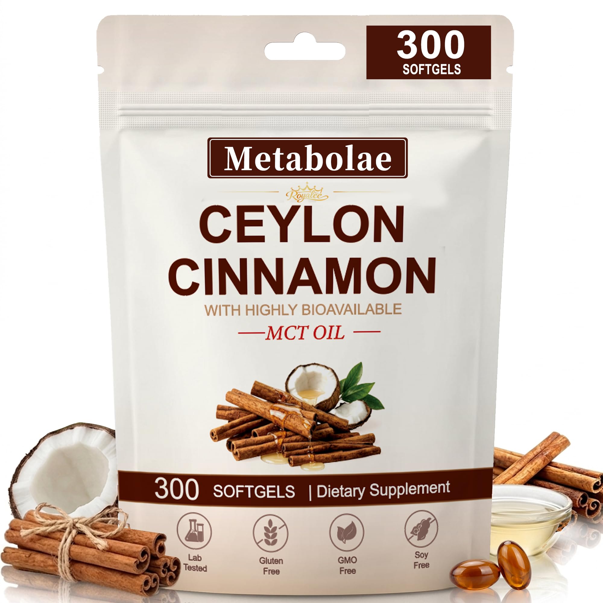 Meta bolae Organic Pure Ceylon Cinnamon Bark Extract with MCT Oil - 300 Liquid Softgels, 5 Month Supply - Daily Supplement for Healthy Glucose & Metabolism Support