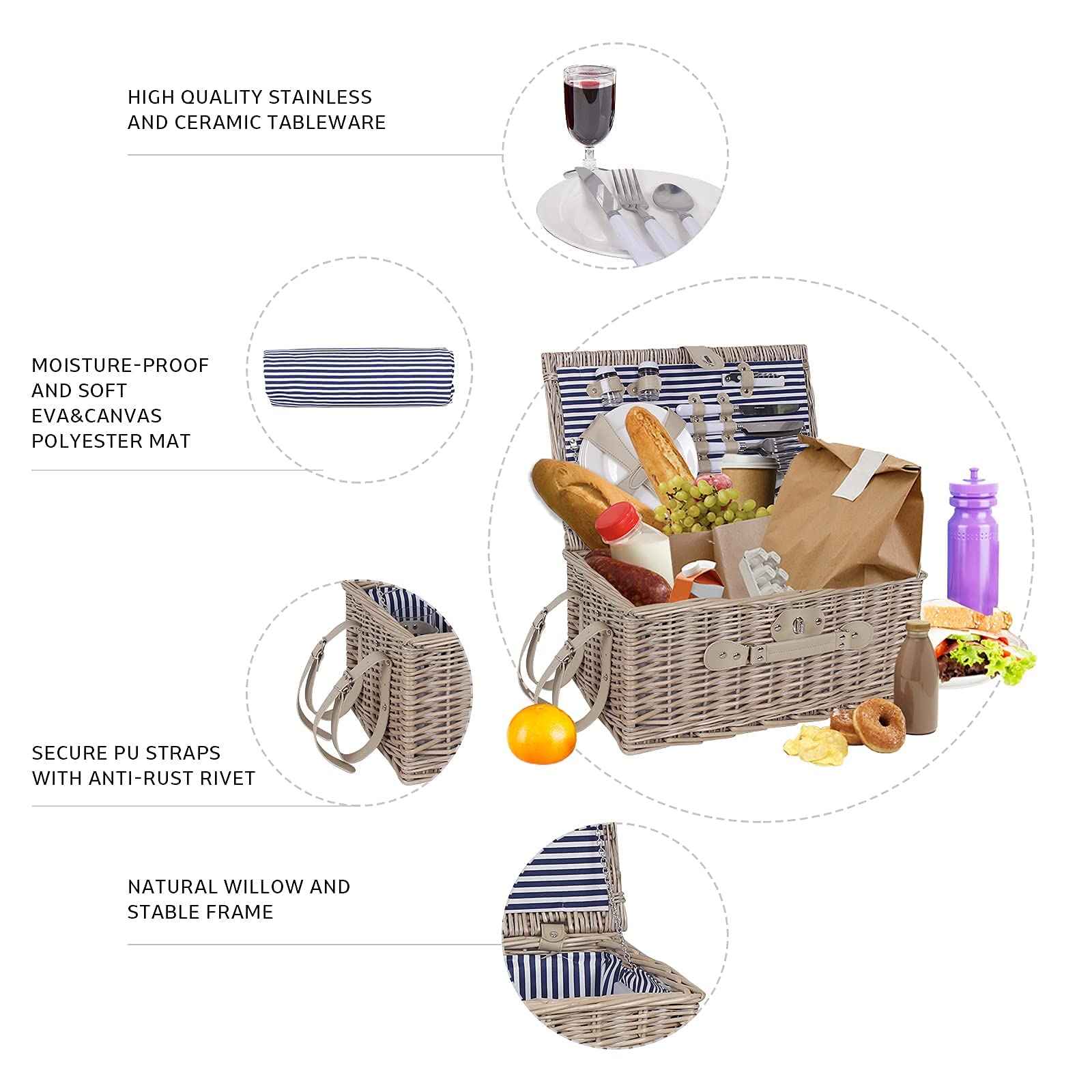 Set Cestino Picnic 2 Persone In Salice - Con Coperta Impermeabile, Posate E Scomparto Frigo, Colore Marrone - Foto 5