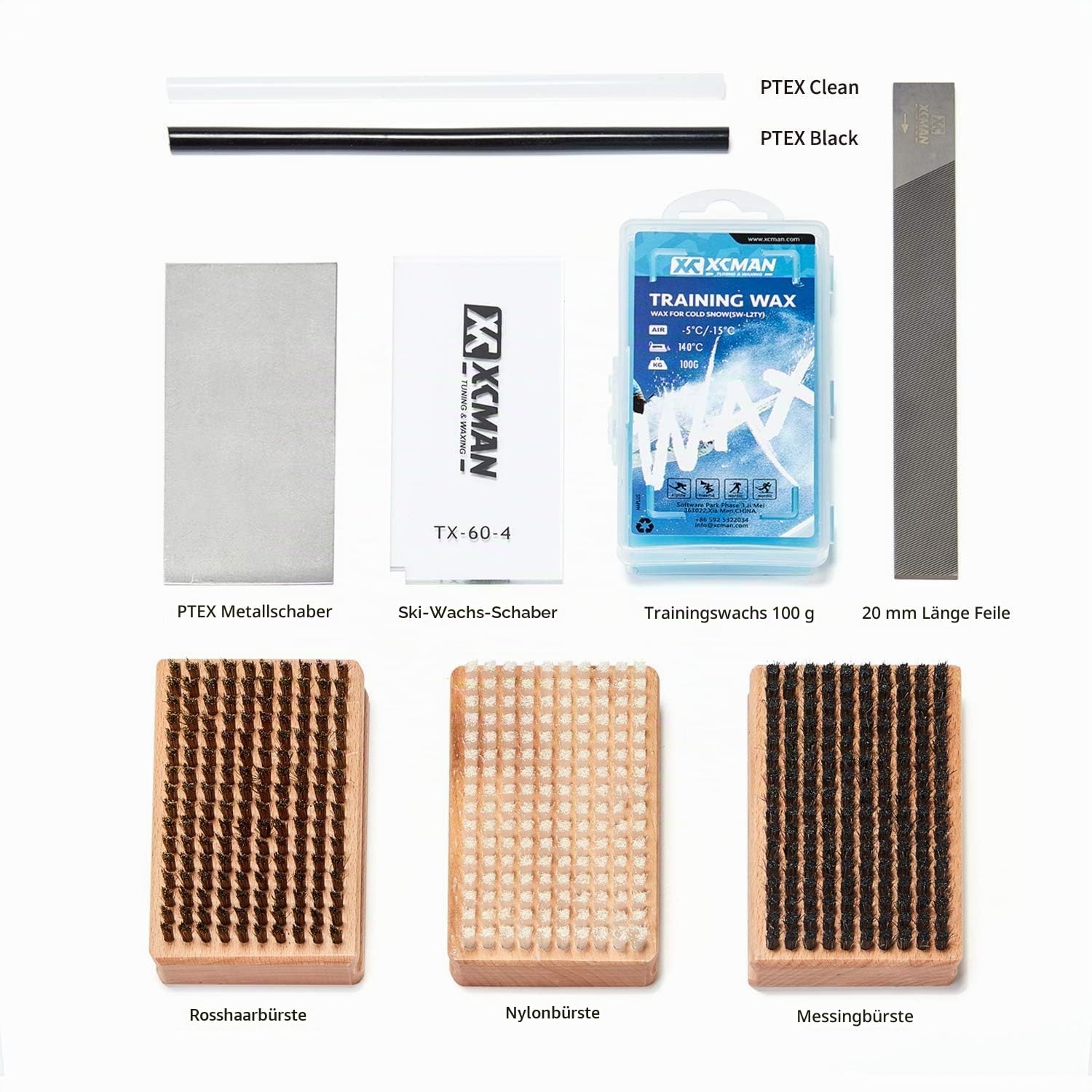 XCMAN Komplettes Pinsel-Set für Ski / Snowboard / Waxing / Tuning, Nylon, Messing, Rosshaarbürste, Metallschaber und PTEX Flachfeile