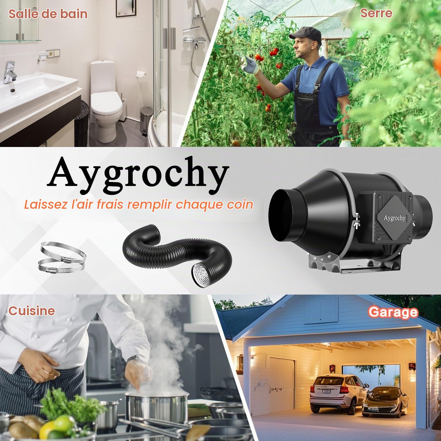 Aygrochy 100mm Extracteur d'Air 363 m³/h,Ventilateur d'extraction EC Moteur avec Tuyau flexible de VMC Salle de Bain, Cuisine,Garage,tentes de culture,ventilation.