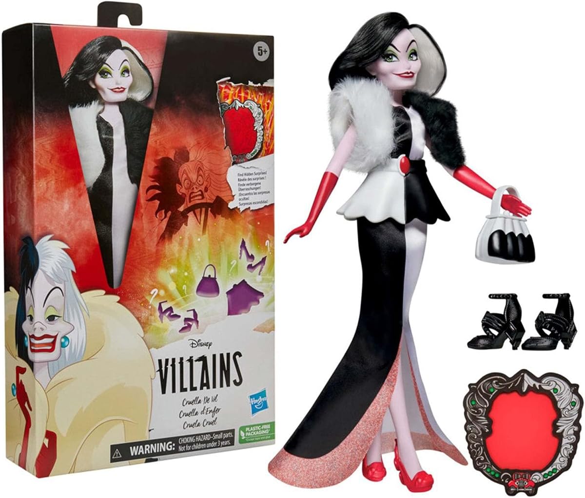 Muñeca de moda Princess Villains Cruella De Vil, accesorios y ropa extraíble, juguete de villanos de Disney para niños de 5 años en adelante