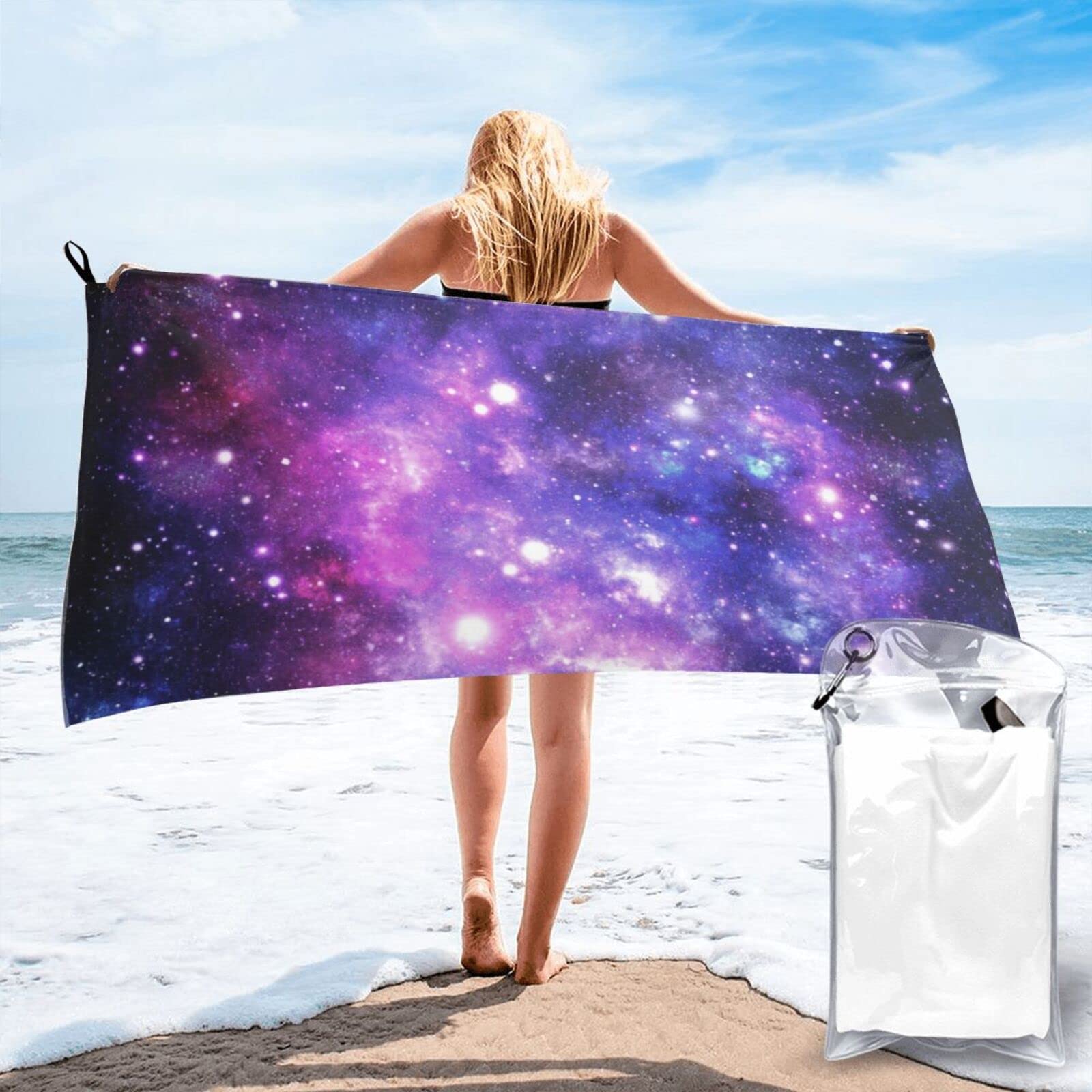 Lawenp Purple Cosmical Colorfully Microfiber Beach Towel Adults Large Quick Drying Bath Towel Travel Towels with Pouch 27.5"x55"