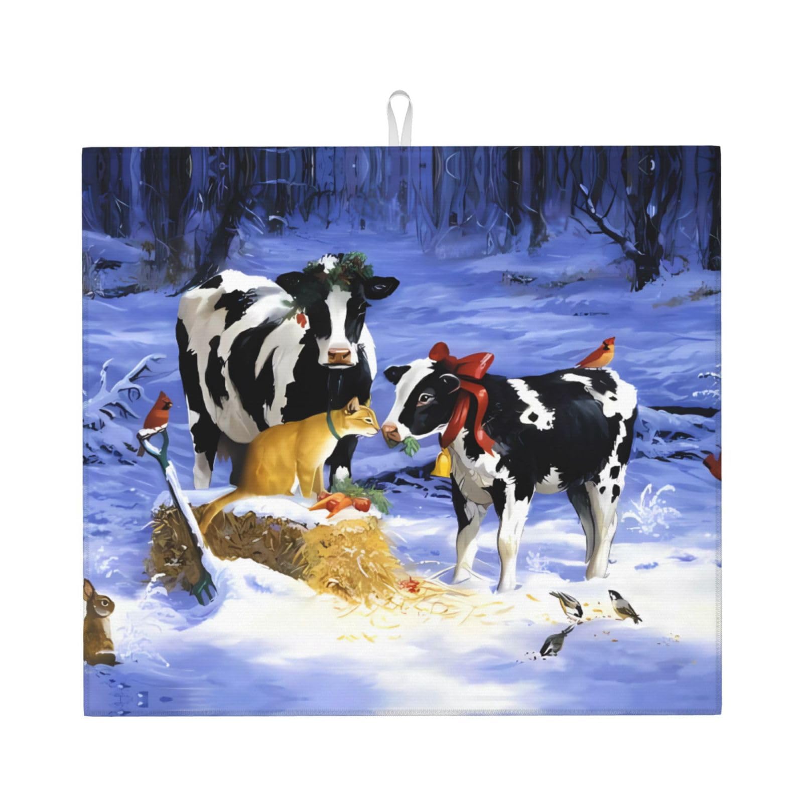 WHJSSF christmas snow Cow Prints Kitchen Drying Mat – Absorbent Dish Throw for Countertops, Quick-Dry Non-Slip Layer with Stylish Prints, Ideal Housewarming Gift