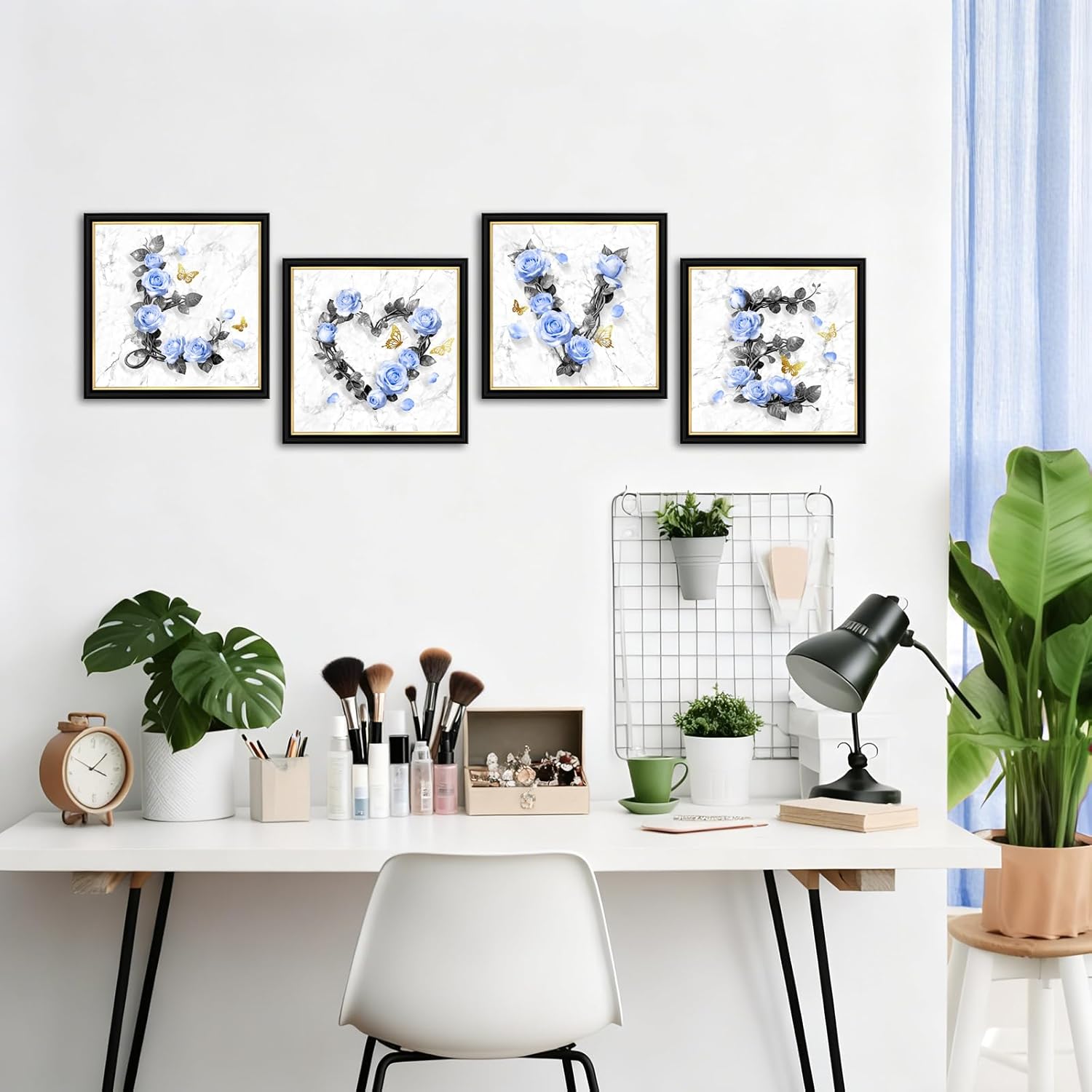sechars Roses with Butterflies Wall Art Modern Marble Background Flower Pictures Love Heart Floral Bathroom Decor 12"x12"x4 (Blue)