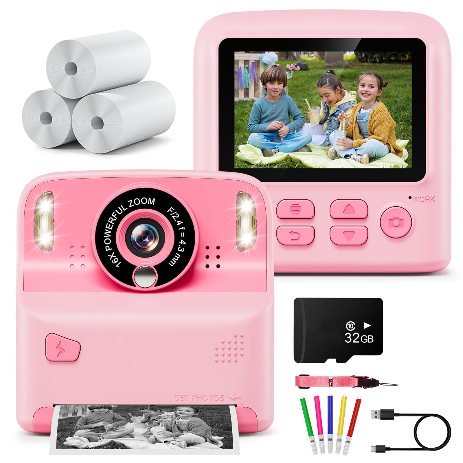 Appareil Photo Enfant - 32G - A27 - Impression Instantanée - 2,4 Pouces - 4 Rouleaux De Papier - Jeux - Jouets