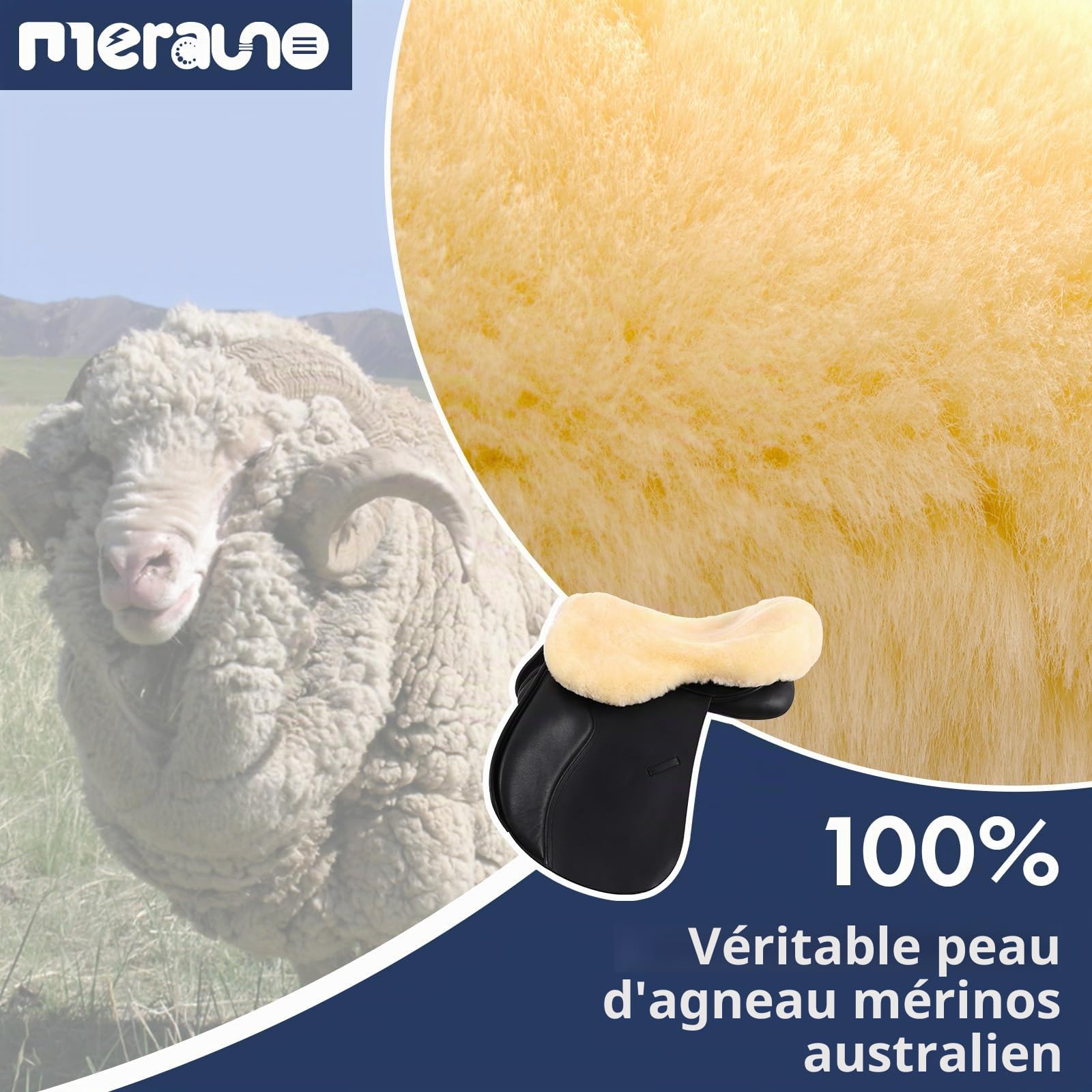Housse de selle en laine d'agneau, en laine d'agneau mérinos pour un confort d'assise optimal, avec une bande Velcro réglable. Compatible avec toutes les selles anglaises. Couleur : naturel,