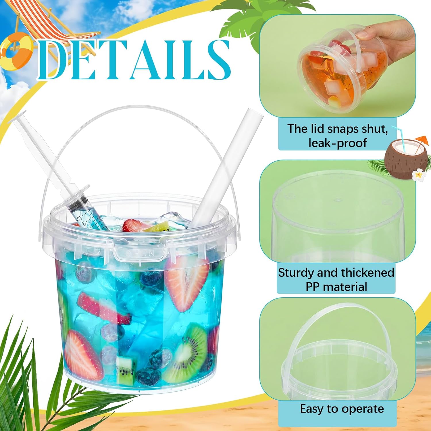Willinglong 20 Sets 25oz Clear Plastic Drink Buckets Rum Buckets for Drink with Straws, Lids and Beverage Syringes Reusable Iced Coffee Cups for Rum Wine Beer Cocktail Beverage Lemonades