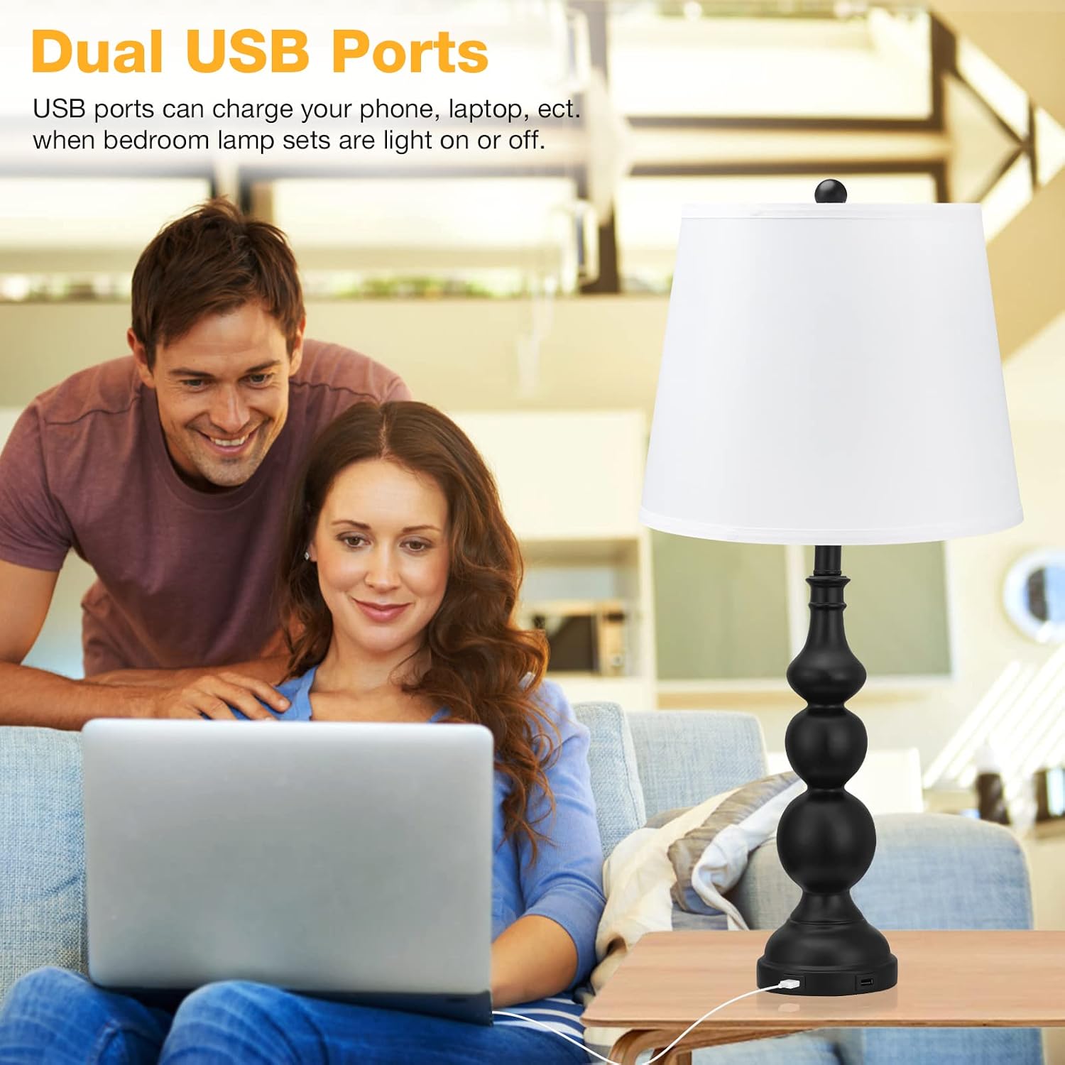 USB Table Lamp Set of 2 - Room Lamps with USB Charging Ports, Industrial Farmhouse Nightstand Lamp with Fabric Lampshade, Bedside Lamp Sets with Rotary Switch for Living Room Bedroom(Bulbs Included)