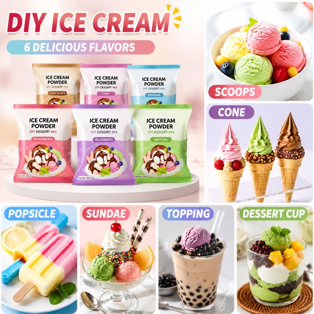 Miscela Di Gelato In Polvere A 6 Gusti - Base For Dessert Fatto In Casa Fai Da Te For Dolci E Negozi, Confezione 100 G (fragola, Mirtillo, Matcha, Cioccolato, Taro, Originale)