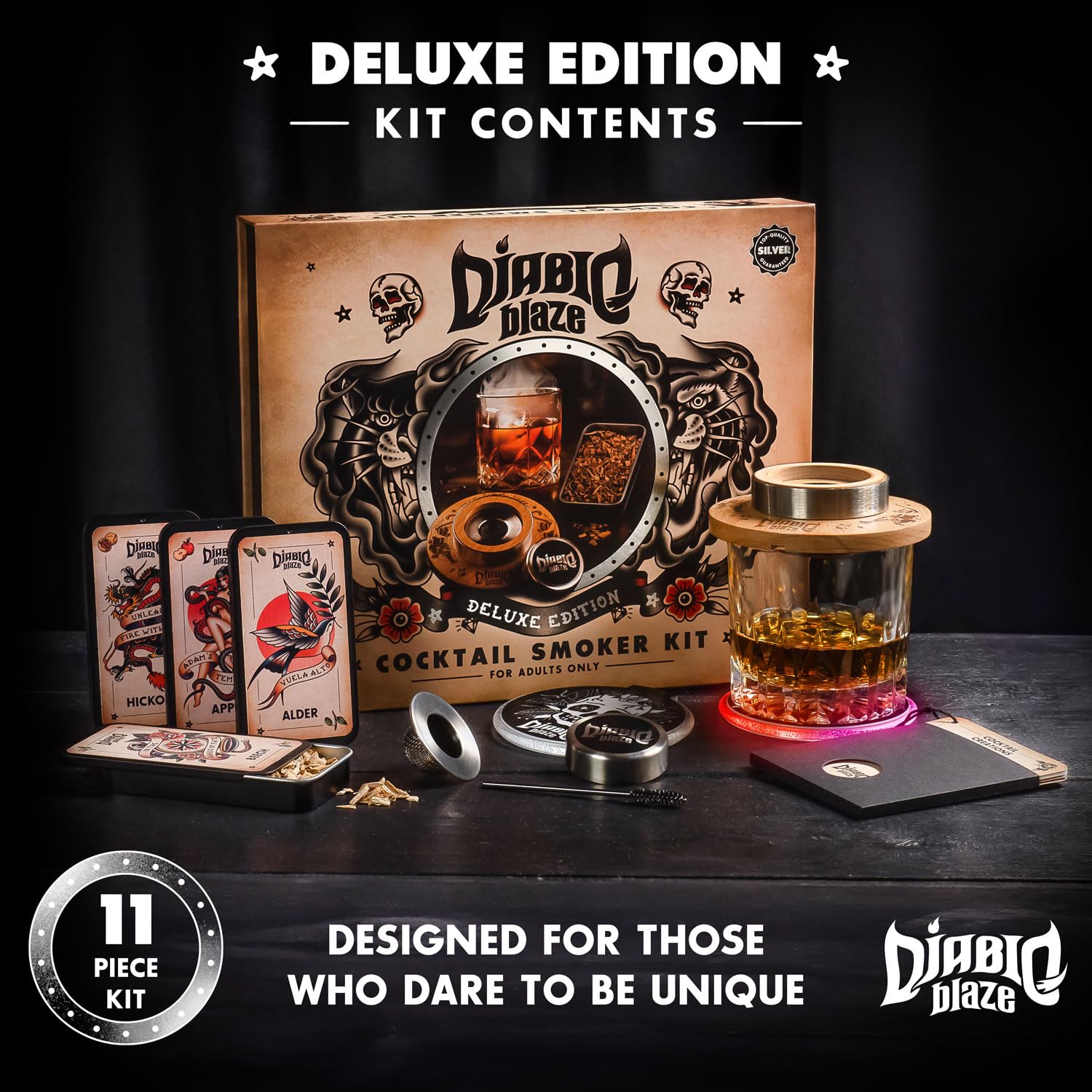 Whiskey Smoker Kit Without Torch Infuser Set for Old Fashioned Whiskey Bourbon & Drinks Gift for Men Dad Husband on Birthdays 4 Wood Chip Flavors - Silver Deluxe Edition (No Torch)