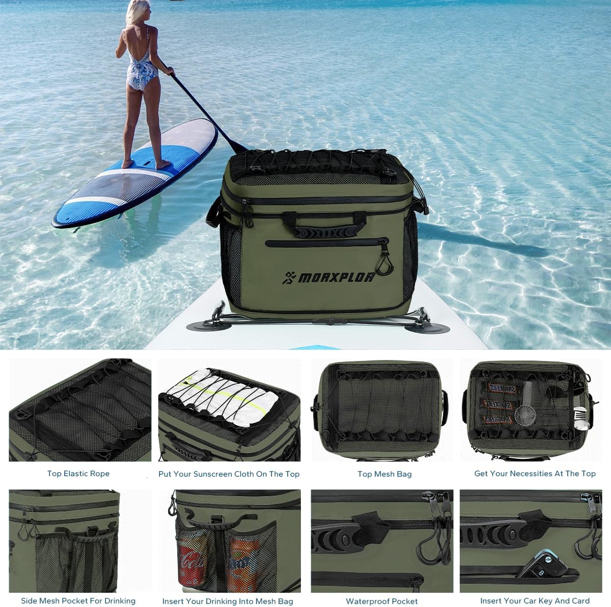 MORXPLOR Waterproof PVC Material Paddleboard Cooler Deck Bag,40 cans Sup Deck Cooler Bag,Cooler Bag for Paddleboard,Lunch Box Cooler Insulated Bag,Camping Cooler Bag,Kayak Cooler Bag