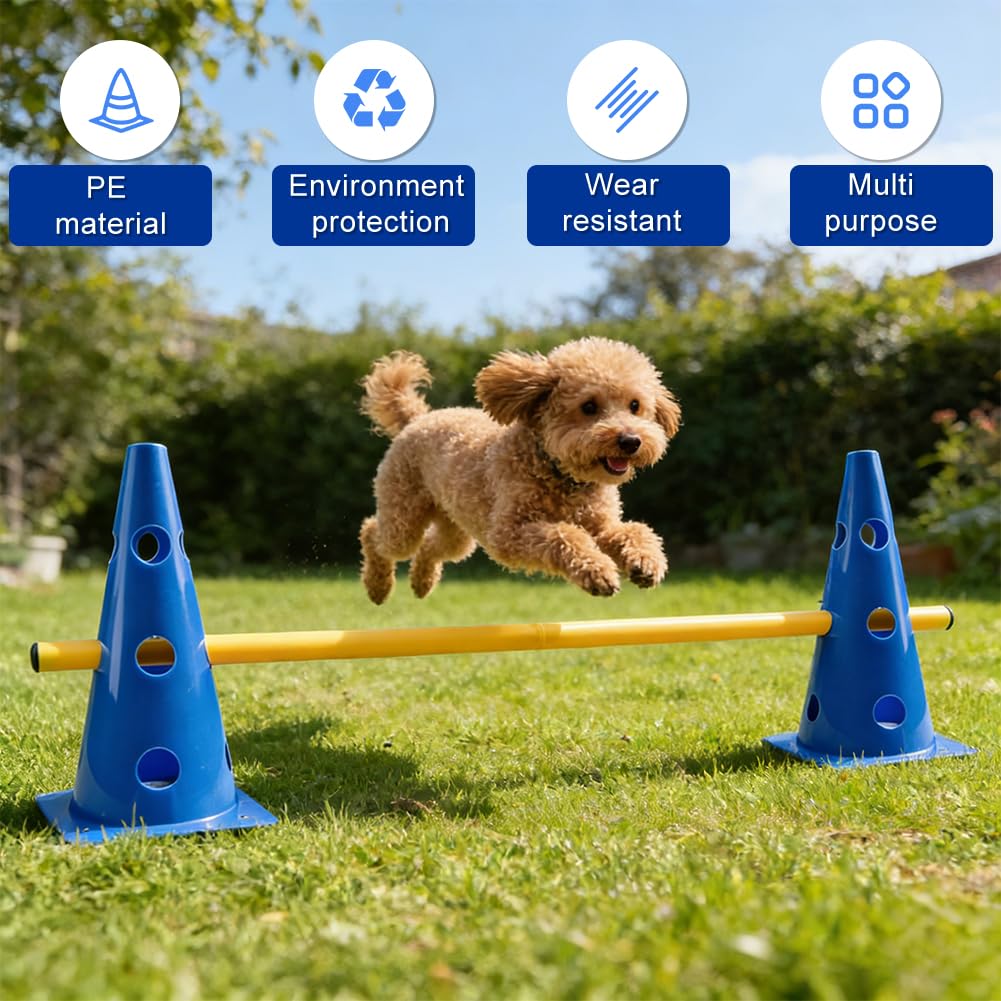 Agility Set Hunde Klein, Hunde Steckhürdenset, Einstellbare Trainingshürden, Hundeparcours Hindernisse, Kegel Hürden, 23 cm Höhe, 5 Stangen 80 cm Lang, Hundesport