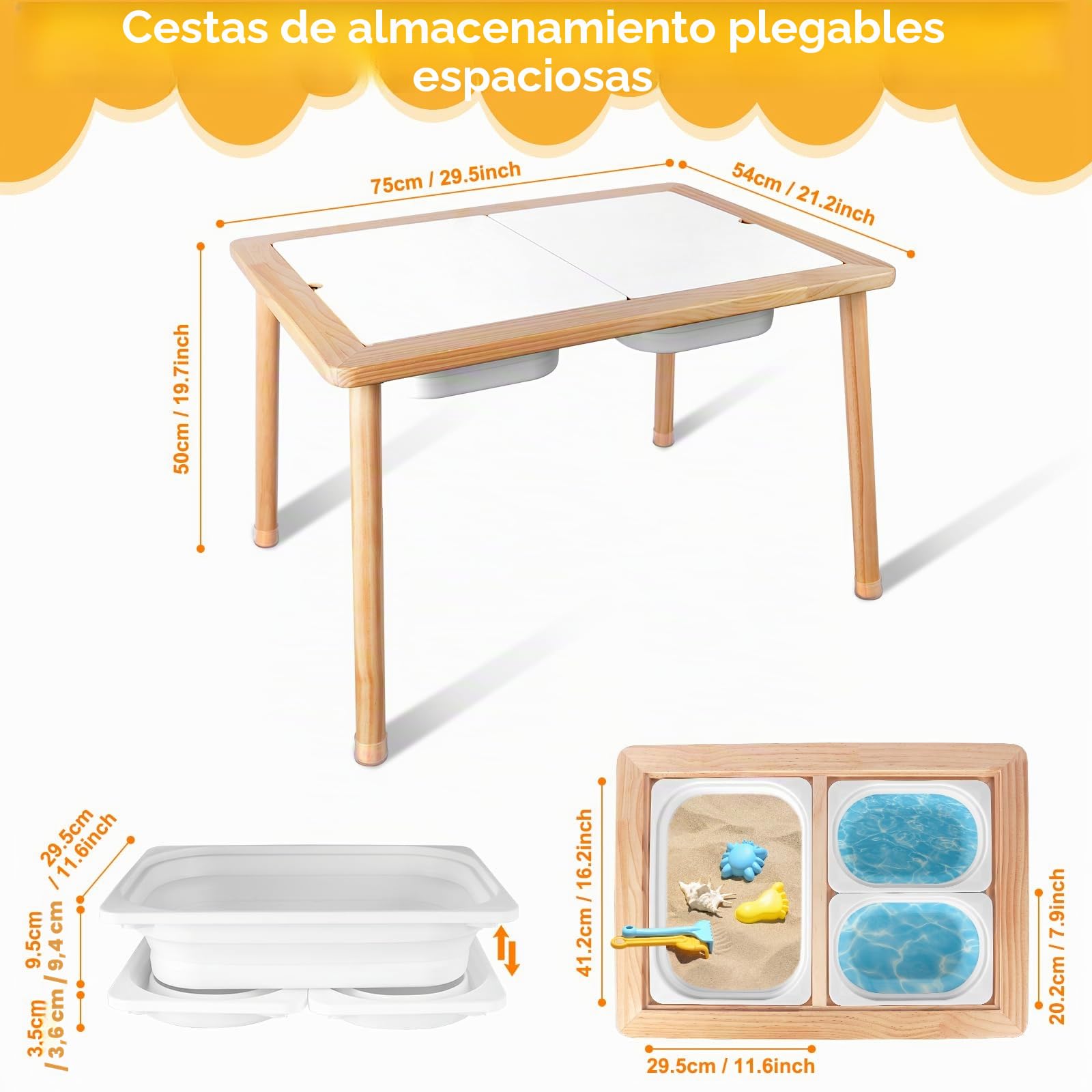 Mesa Sensorial de Madera con 3 Espacios para Juegos de Arena y Agua