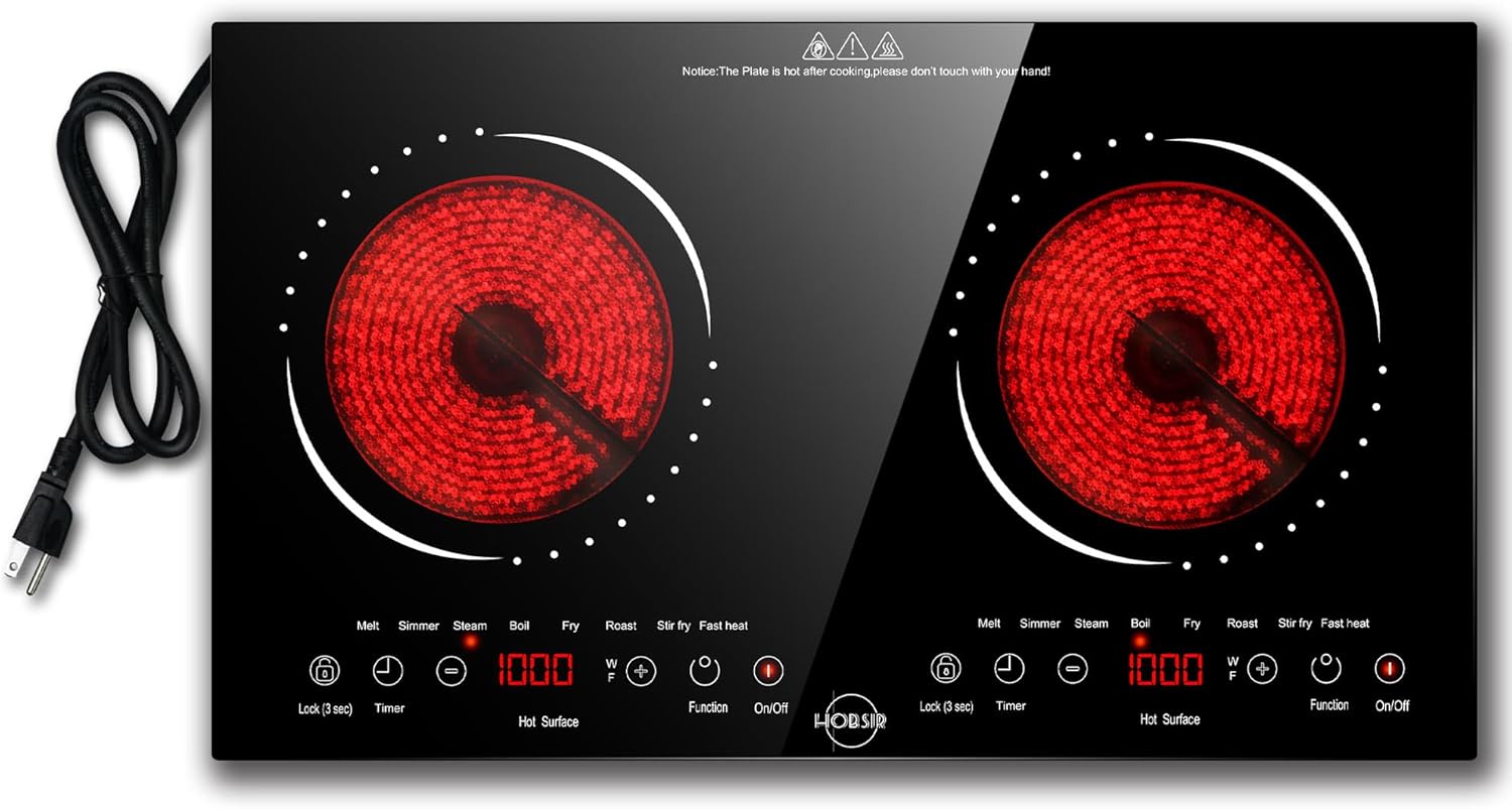 Hobsir 2 Burner Electric Cooktop 110V with Plug, Total 2000W Shared Power, Electric Stove Top with 8 Function & 8 Power, Two Burner Kitchen Cooktop with Timer & Child Safety Lock, for RV Camping