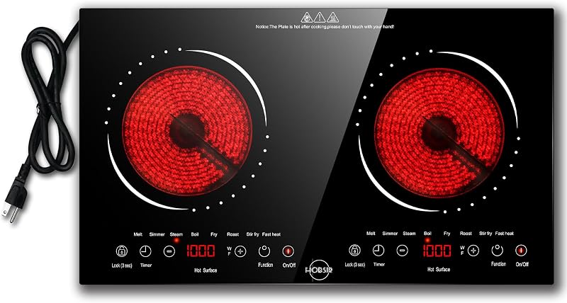 Hobsir Estufa eléctrica de 2 quemadores de 110 V con enchufe, potencia total compartida de 2000 W | Estufa eléctrica de 24 pulgadas con 8 funciones, estufa de cocina de dos quemadores con temporizador y bloqueo de seguridad para niños, para RV Camping,Black