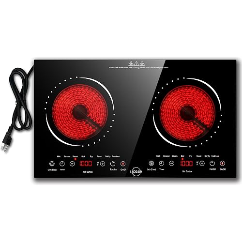 Hobsir 2 Burner Electric Cooktop 110V with Plug, Total 2000W Shared Power, Electric Stove Top with 8 Function & 8 Power, Two Burner Kitchen Cooktop with Timer & Child Safety Lock, for RV Camping