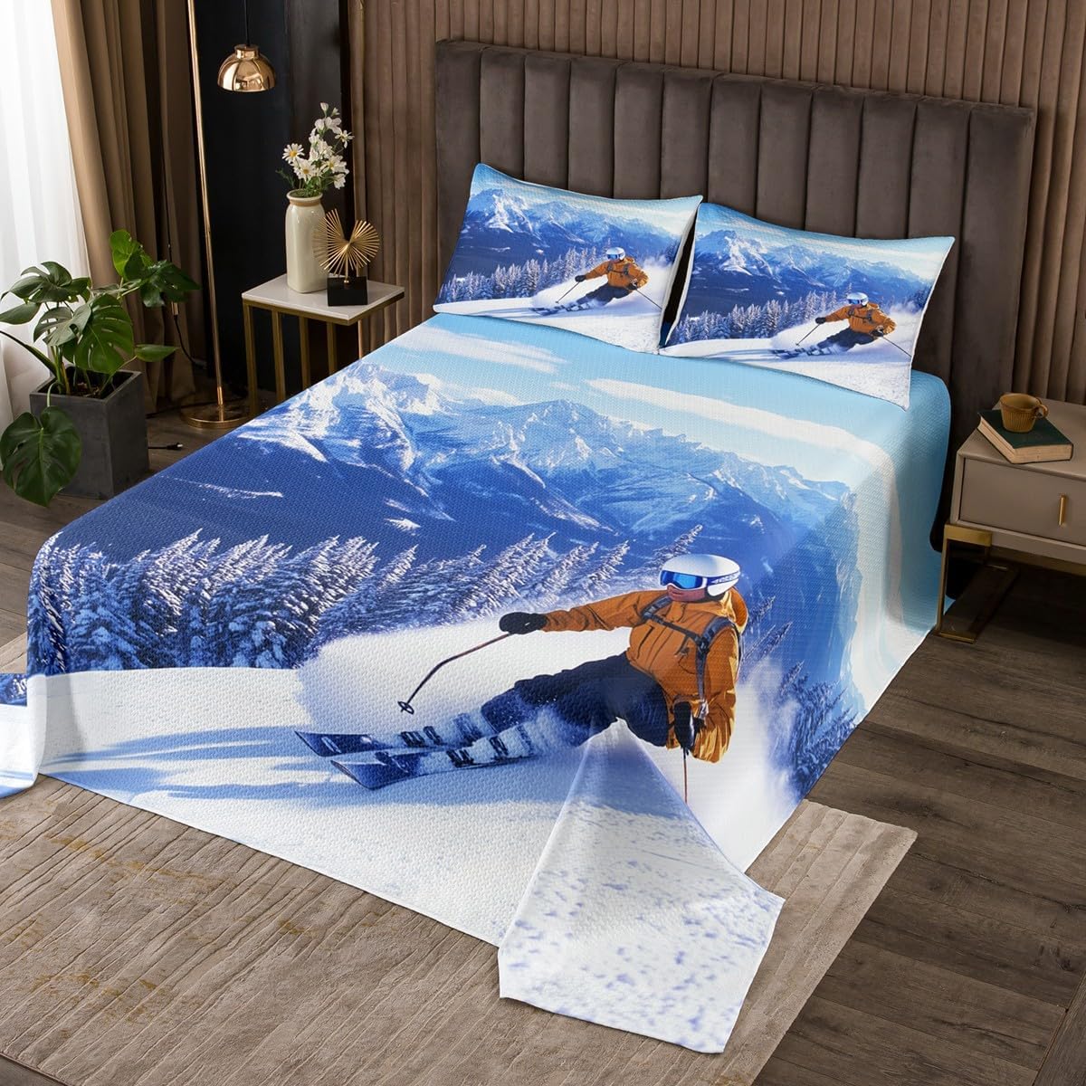 Homewish Polar Bear Bedspread King Size,Skiing Sports Theme Bedding Sets 3Pcs for Kids Boys Girls Teens Room Decor,Winter Snow Mountain Comforter Set Wild Animals Coverlet Quilt,2 Pillowcases