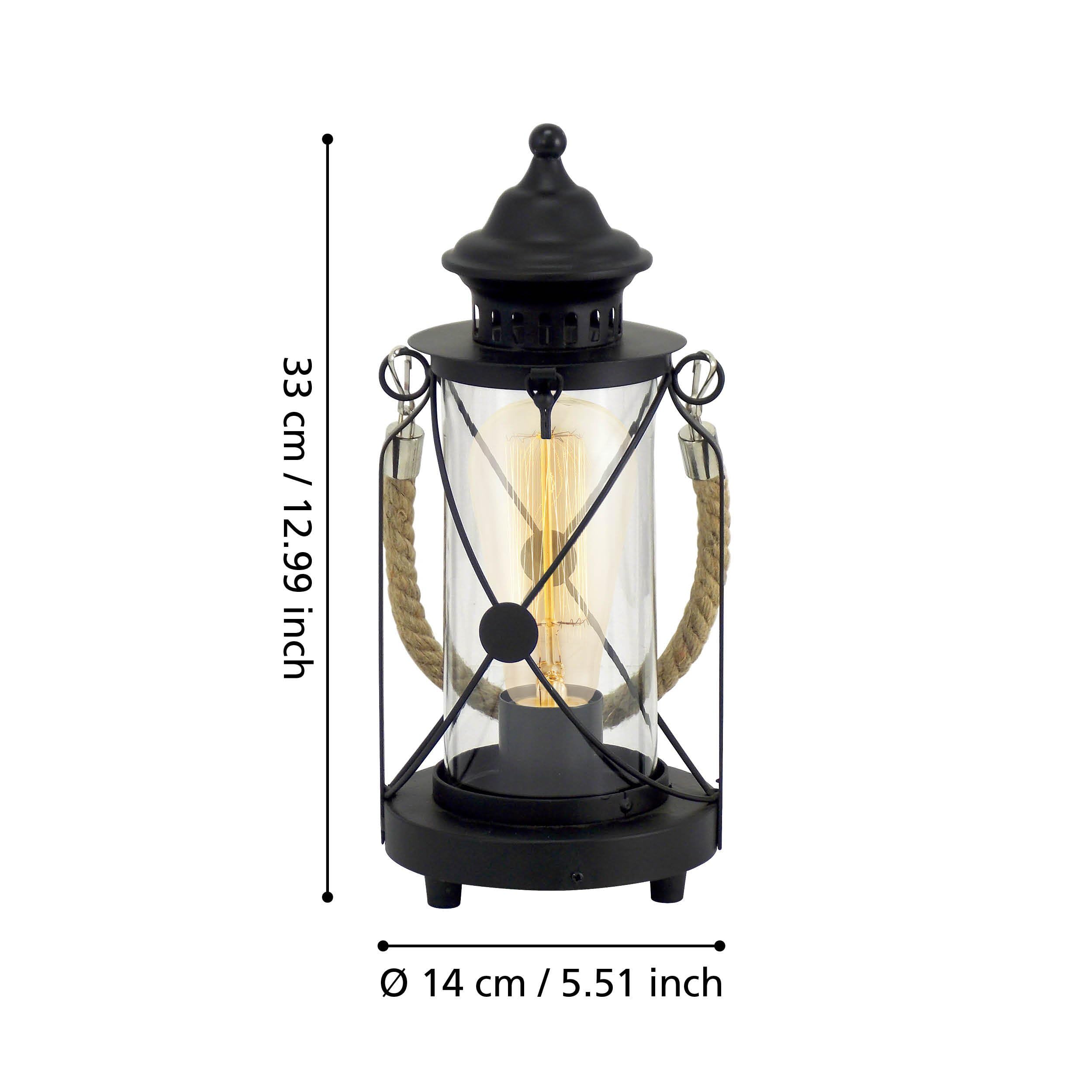 Eglo lampada da tavolo Bradford, lampada da tavolo vintage a uno punto | luce, lanterna, lampada da comodino in acciaio, nero, trasparente, presa E27, interruttore incl