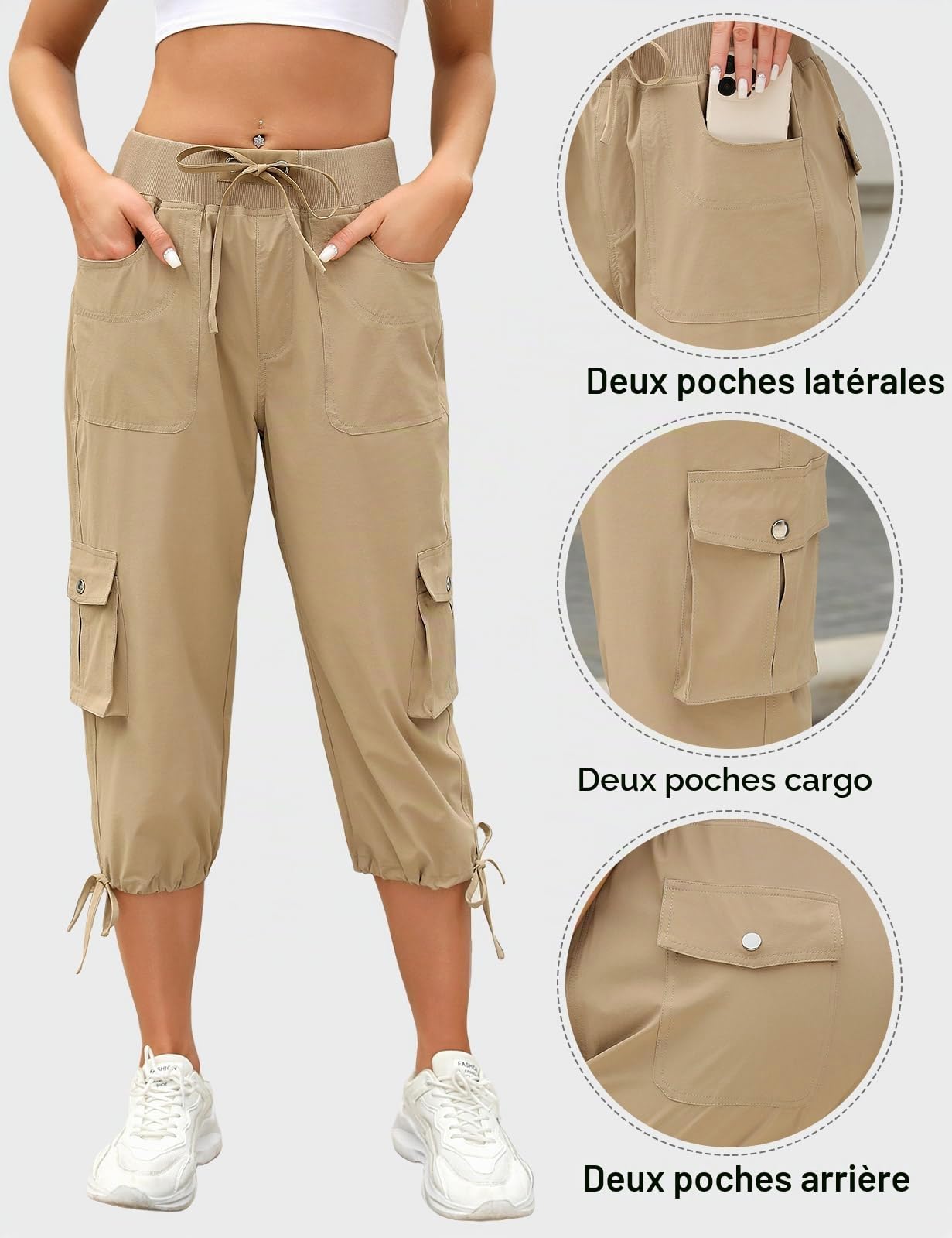TOMEEK Pantalon Femme Été 7/8 Cargo de Randonnée Taille Haute Elastique avec Cordon de Serrage - Capri Fluide Léger avec Poches
