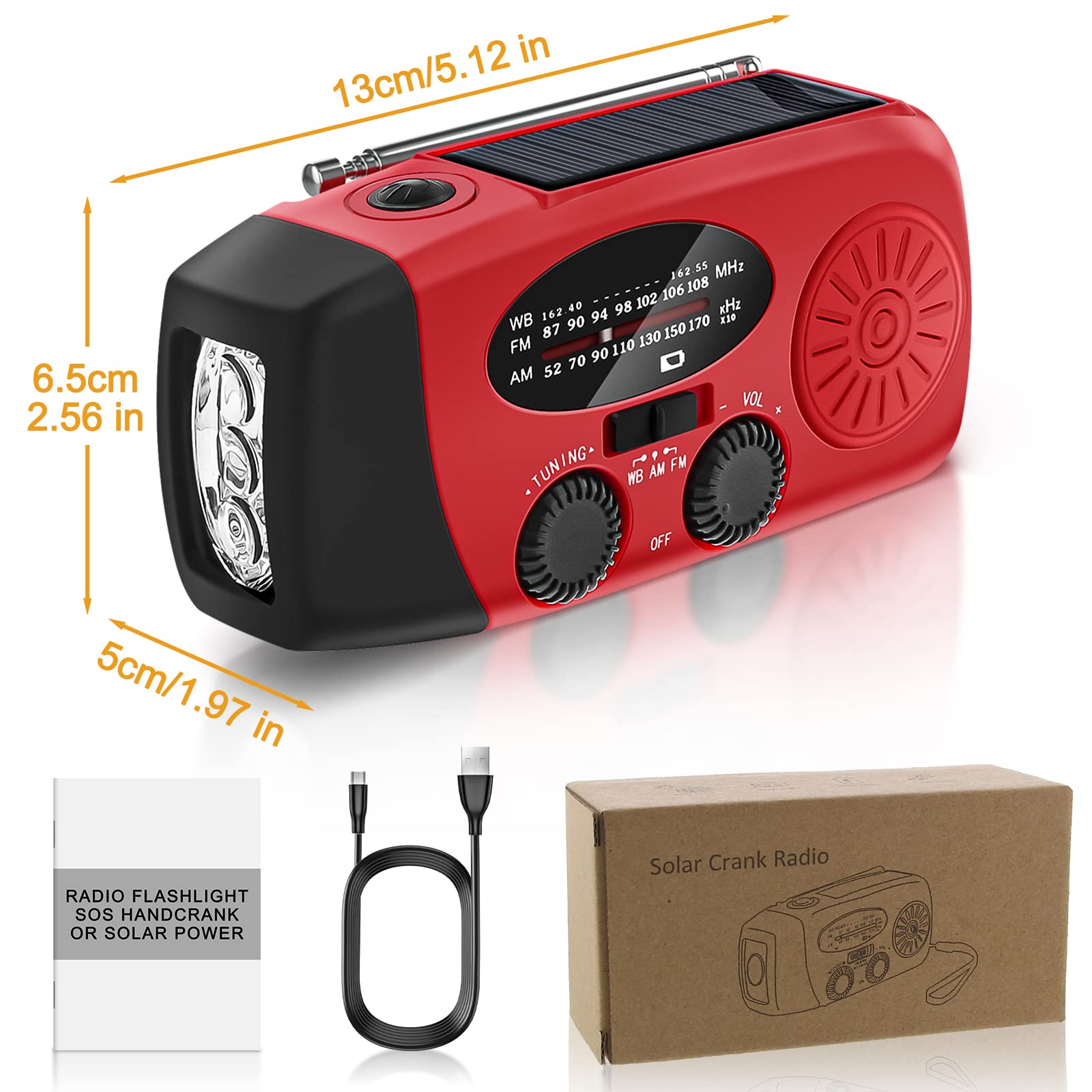 Radio Solar de Emergencia Radio FM/Am/NOAA Portátil Manivela de la Mano Radio con 2000mAh como Power Bank 3-LED Linterna Alarma SOS Radio portátil y Recargable doméstica y de Camping