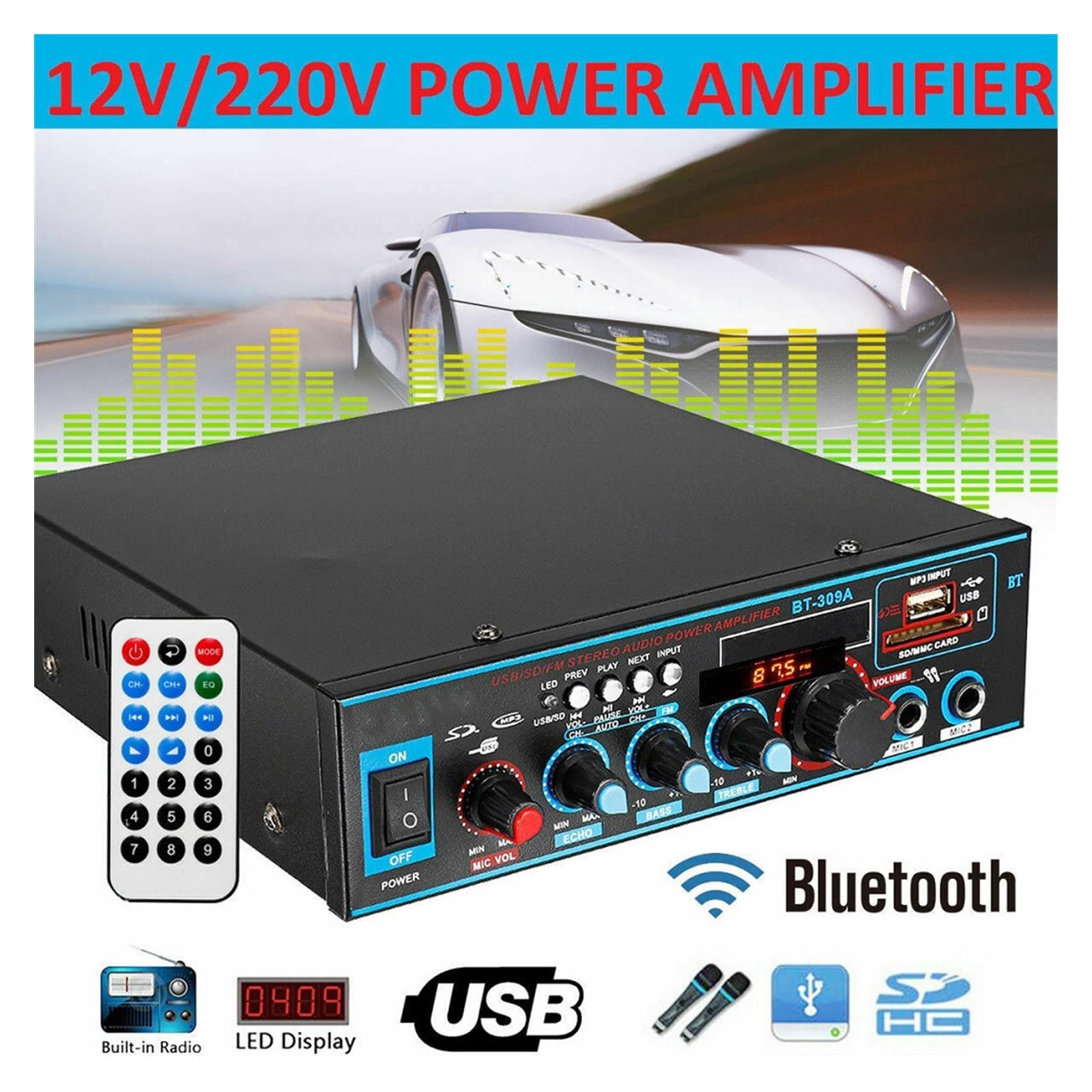 Wzmacniacz, 12V 800W wzmacniacz 5.0 do głośników 2.0 kanałowy samochodowy sprzęt audio wzmacniacz basowy odtwarzacz muzyczny HIFI AUX FM SD z pilotem