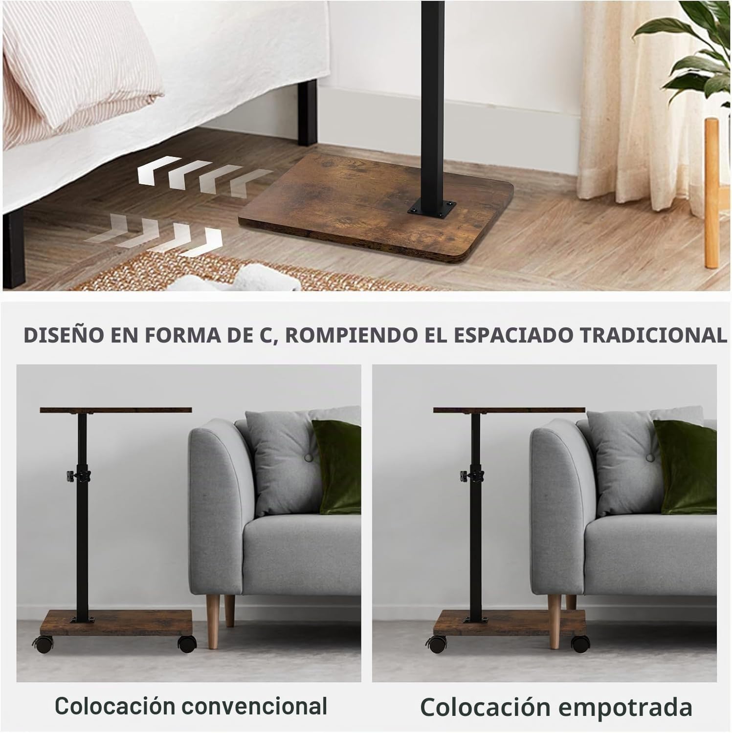 Mesa auxiliar en forma de C, MDF y metal, moderna, regulable en altura con ruedas, café, mesa de noche, més para salón, dormitorio, cuarto de aseo