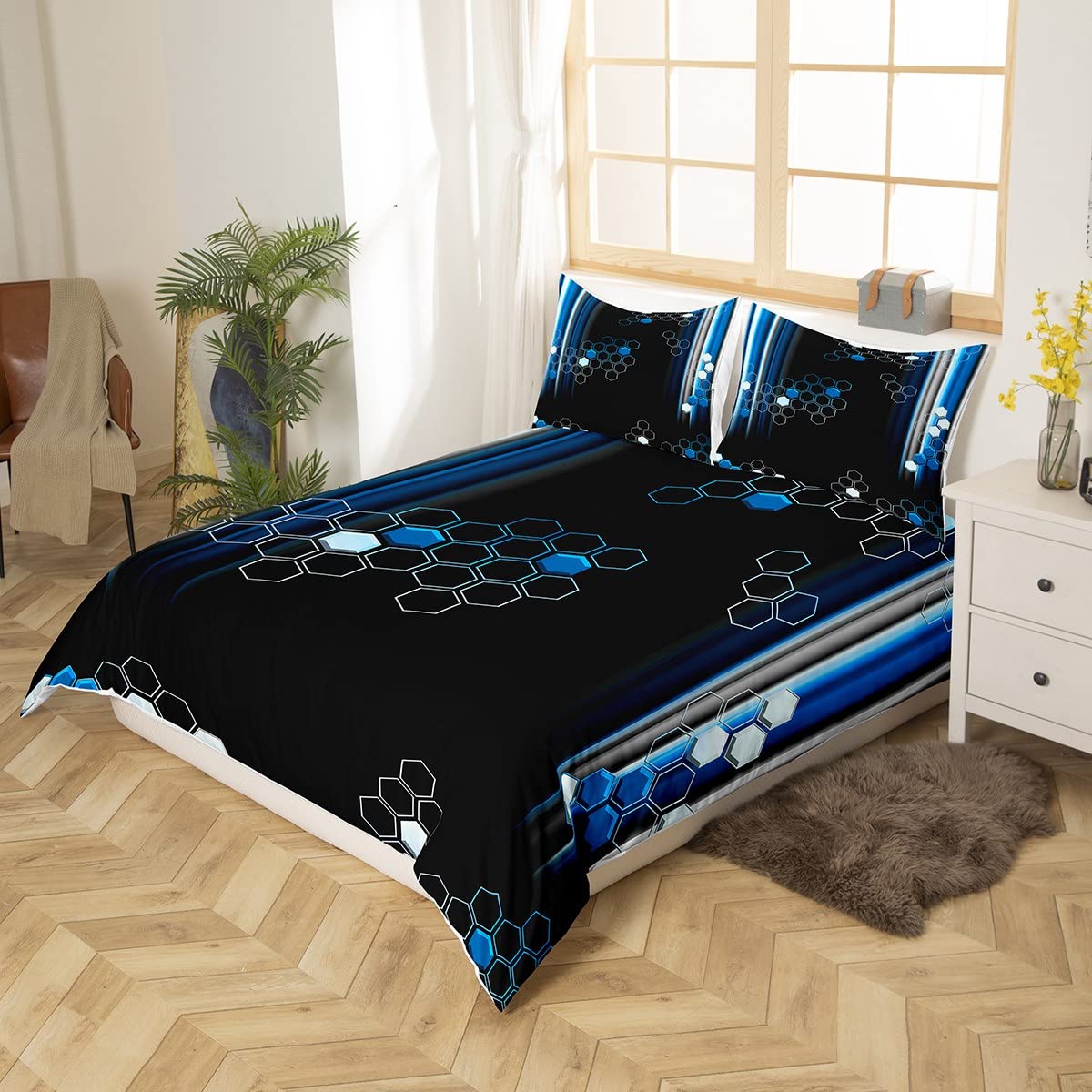 Set Copripiumino Feelyou Nido D'Ape - Blu Nero Geometrico Per Bambini E Ragazzi - Foto 2