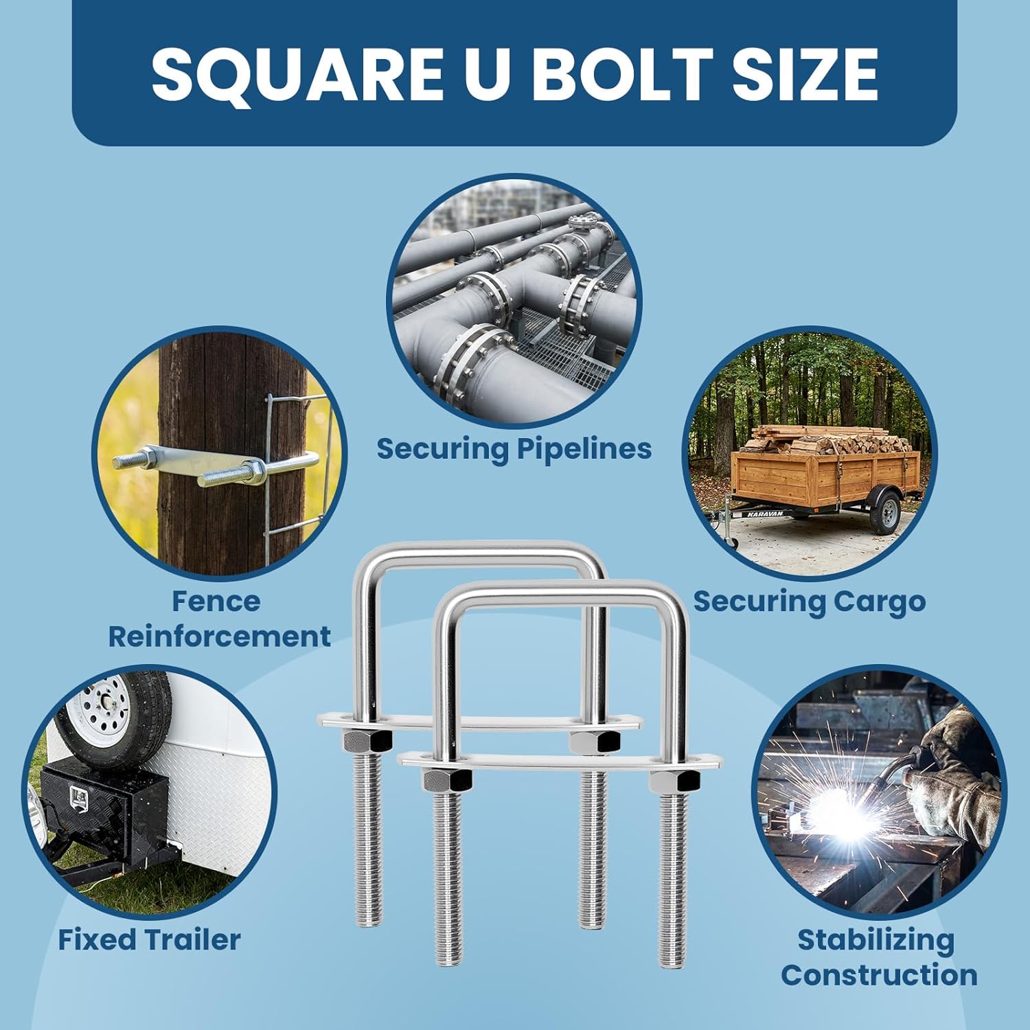 4 Sets M10 Square U-Bolts 3.2 Inch Wide, 304 Stainless Steel Square U-Bolts with Nuts and Bolt Plate (4 Set, M10 x 80mm x 200mm)