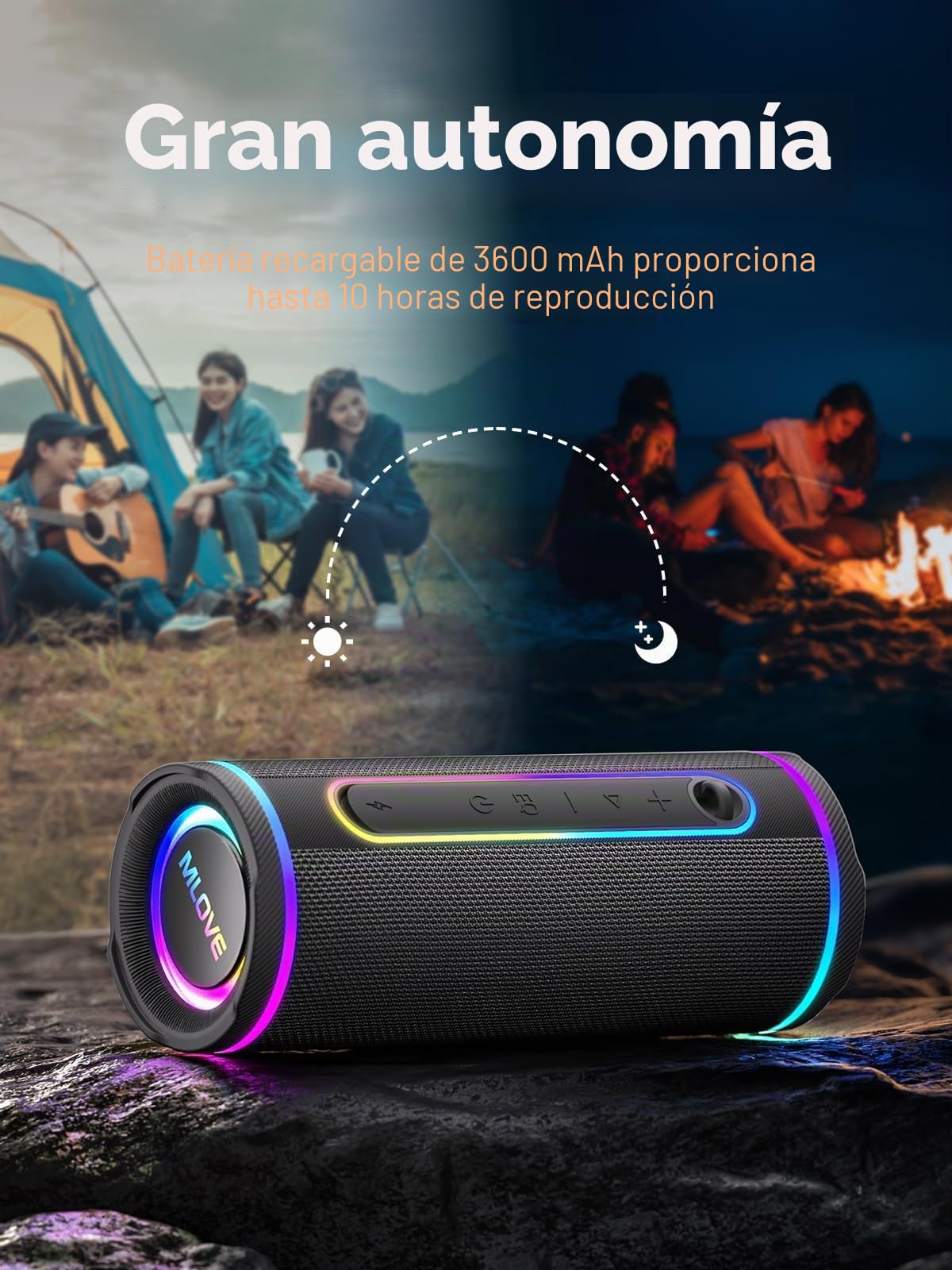 MLOVE E80 Altavoz Portátil Bluetooth Inalámbrico Impermeable RGB LED Luz True Wireless Stereo, Bluetooth 5.4, Bass Boost, Micro-SD, Jack 3,5mm, Carga Type C, Negro