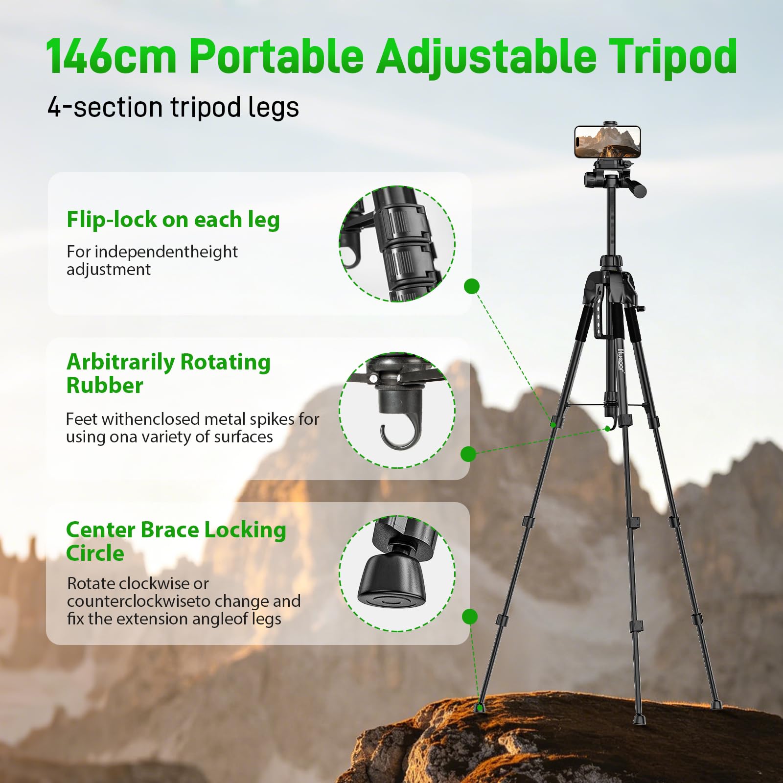 Huepar TPD14A1 150cm Trépied Réglable Portable pour Niveau Laser, avec Tête Panoramique Flexible 3-Voies et Niveau à Bulle,Support pour téléphone avec Vis 1/4"-20 et Écrou d'adaptation 5/8"-11