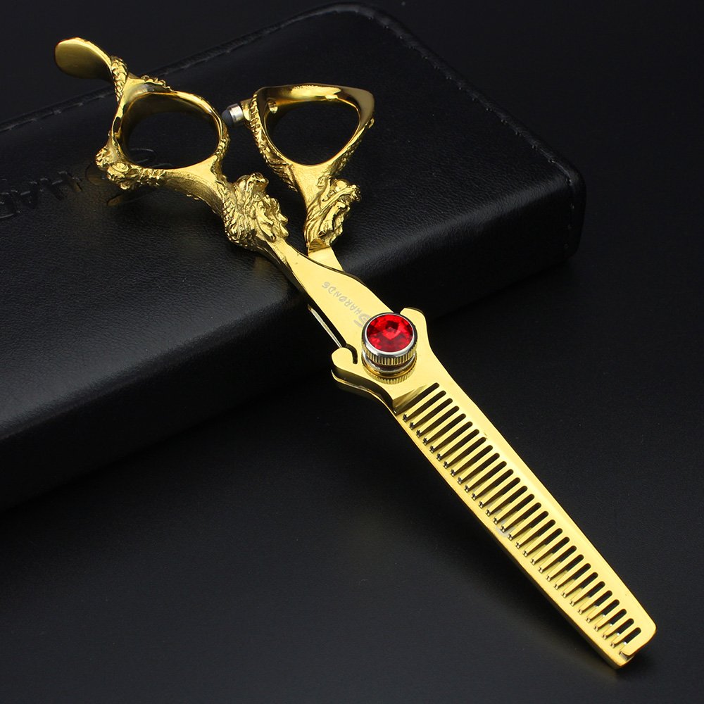 5.5/6/7/7.5/8/9 pulgadas Juego de tijeras de peluquería doradas para adelgazar el cabello y tijeras de pelotijeras para cortar el pelo y maquinilla (6 pulgadas y 2 piezas-C)