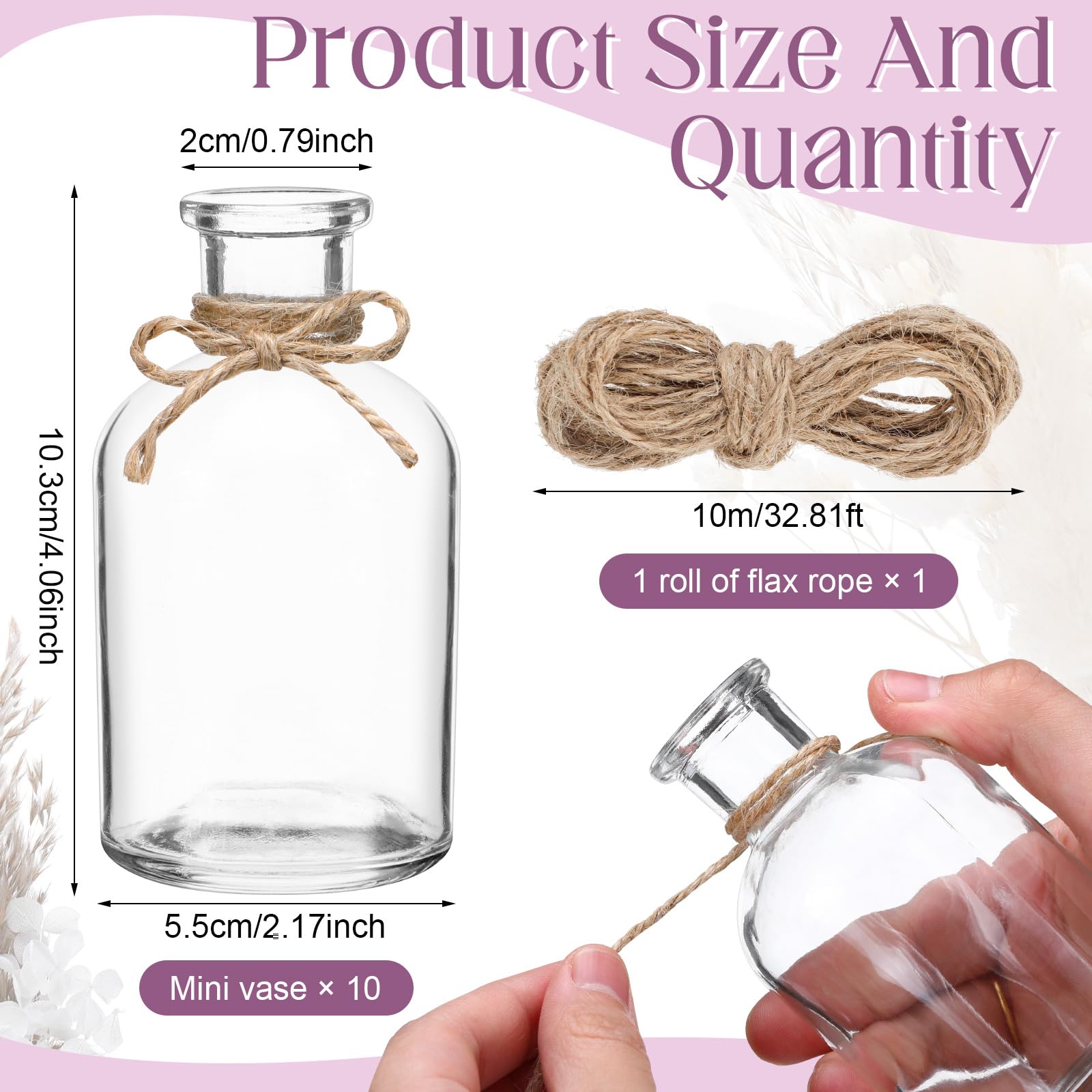 Nuanchu Set di 10 fiori secchi per vaso, centrotavola per matrimoni, 10 piccoli vasi in vetro, 10 bouquet di fiori secchi con corda per baby shower, decorazione rustica per feste nuziali in fattoria