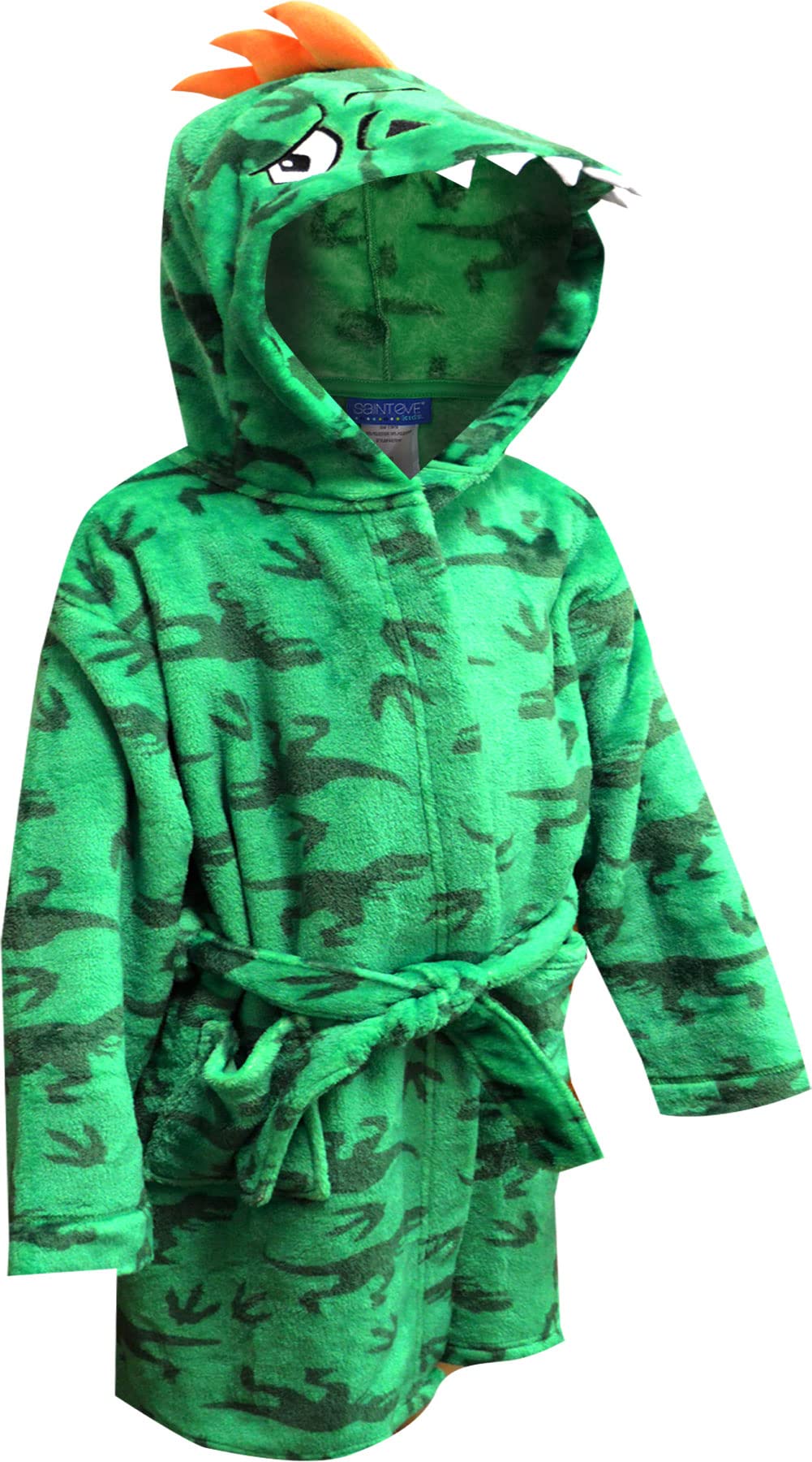 Komar Kids Boys' Dinosaur Print Green Plush Hooded Robe with 3D Face (8) (K2272408)
