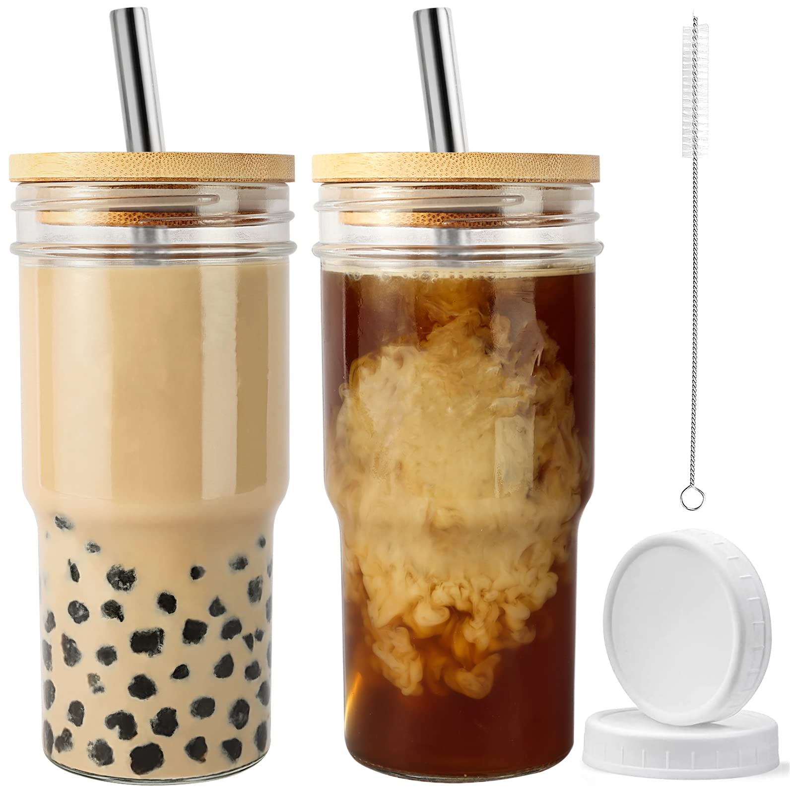 Reusable Glass Boba Cup Smoothie Tumbler and Insulated Sleeves, 2 Pack 22oz Mason Jar Cups Glass Cup with Bamboo Lid and Straw, Iced Coffee Cup Drinking Glasses Tumbler (Rainbow and Leopard)