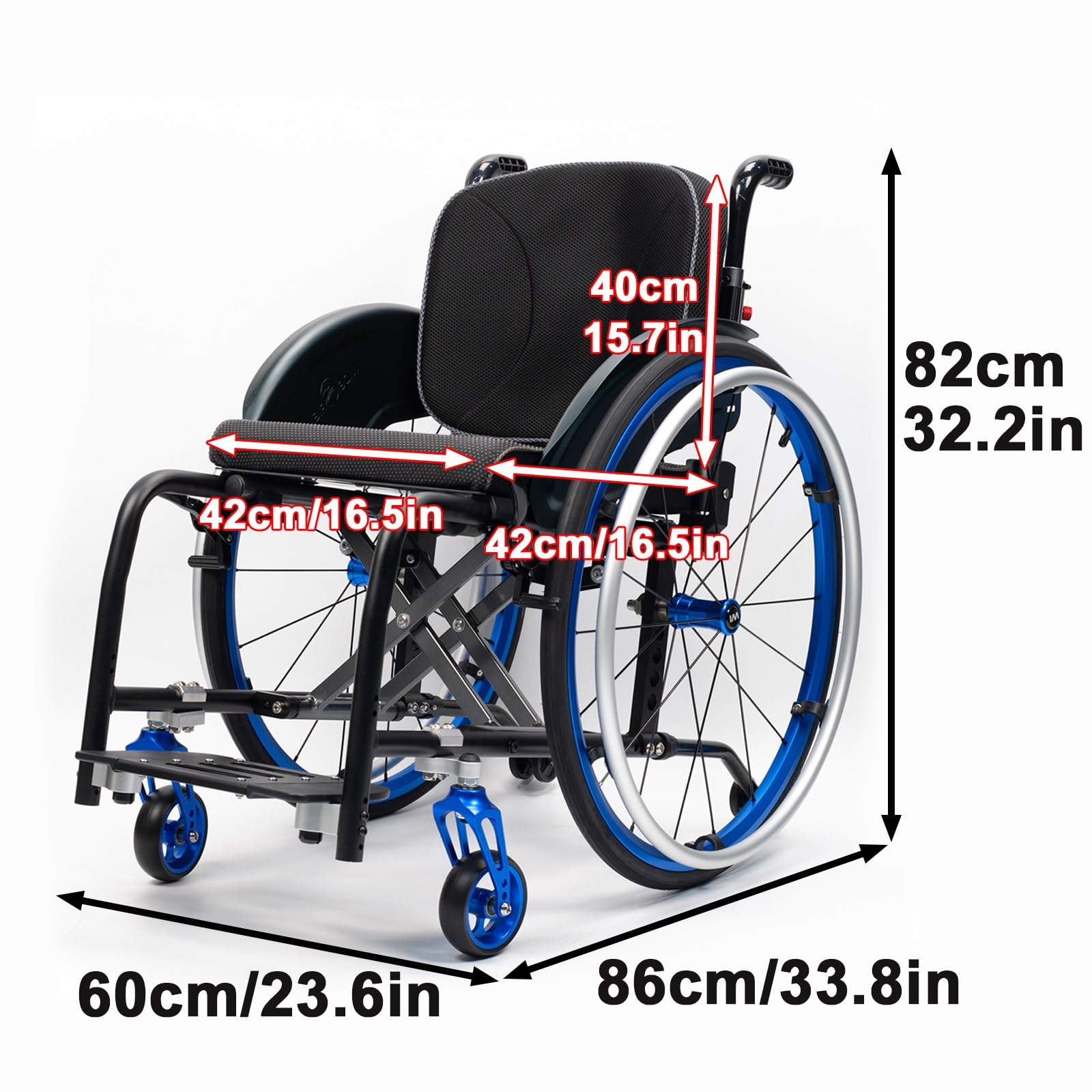 Wózek inwalidzki ze stopu aluminium, lekki, dla dorosłych, z oponami na poręcze, zdejmowany podnóżek (szerokość siedziska: 42 cm)