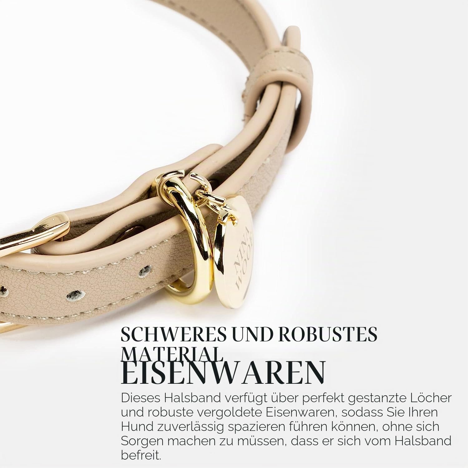 Nina Woof Cupertino Hundehalsband aus veganem Leder, gepolstert und verstellbar mit Tracker-Halterung, Beige, Größe M (Hals 38-48 cm)