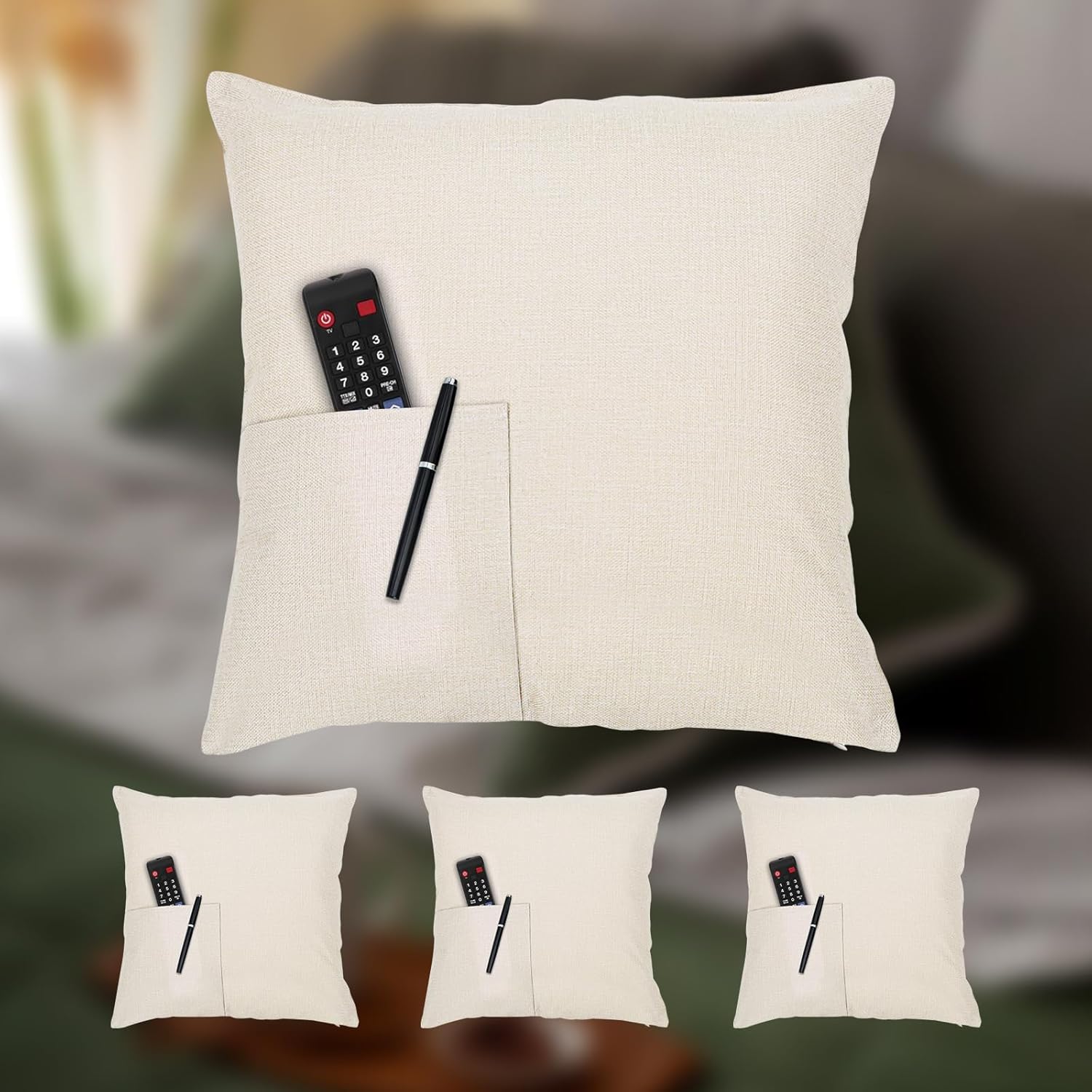 TopTie 4 PCS Sublimation Pillow Covers Blank with Pocket, Book Small Items Storage 18 x 18 Inches Linen Pillow Case