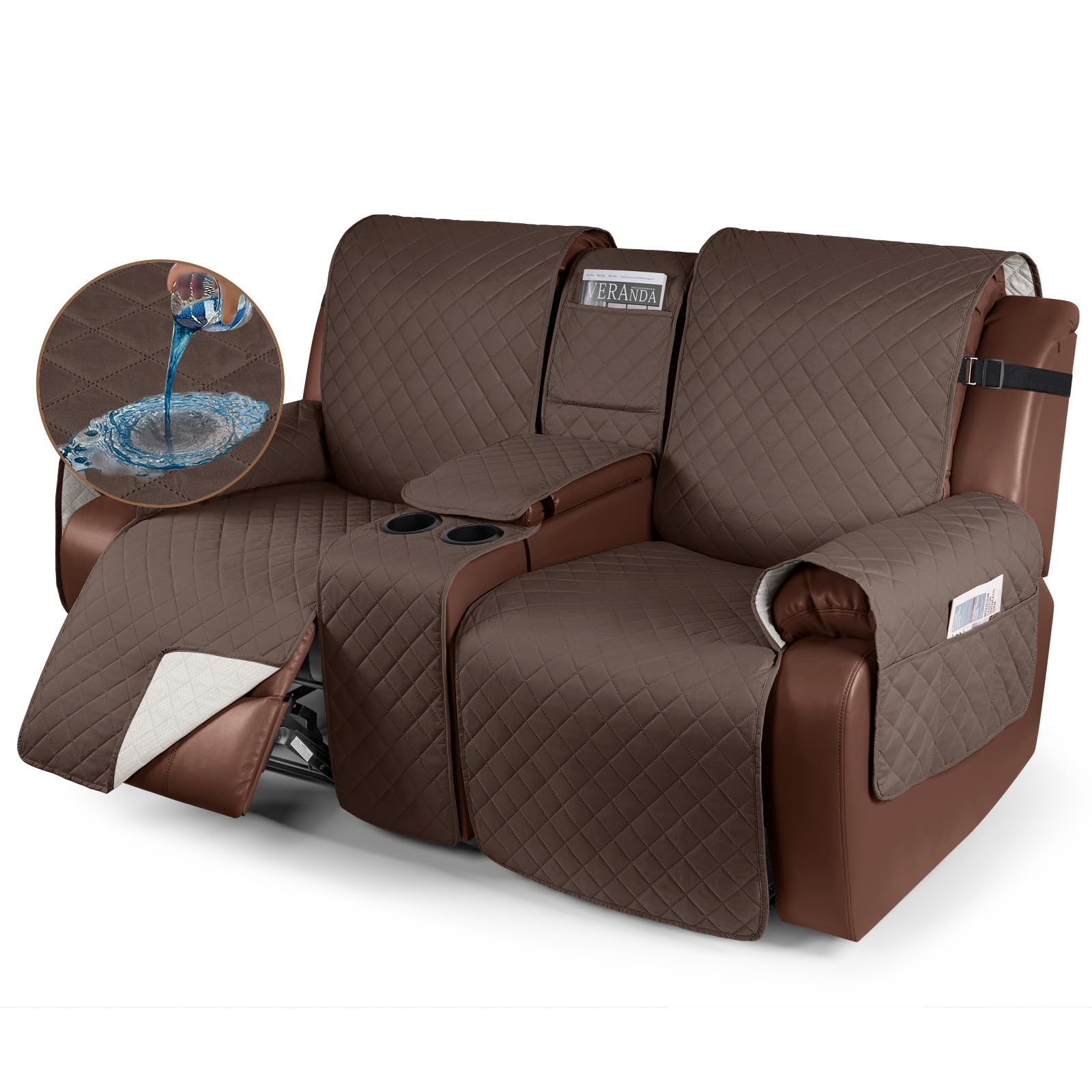 KinCam 100% Waterproof Recliner Loveseat Cover with Console, Non-Slip Reclining Couch Covers for 2 Seat, Recliner Sofa Cover Furniture Protector with Elastic Straps for Kids, Pets, Deep Brown