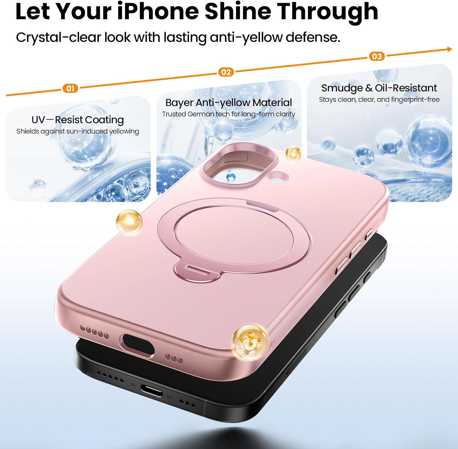 360°Ring Stand for iPhone 17 Case，Anti-Yellowing，Light Pink image 2