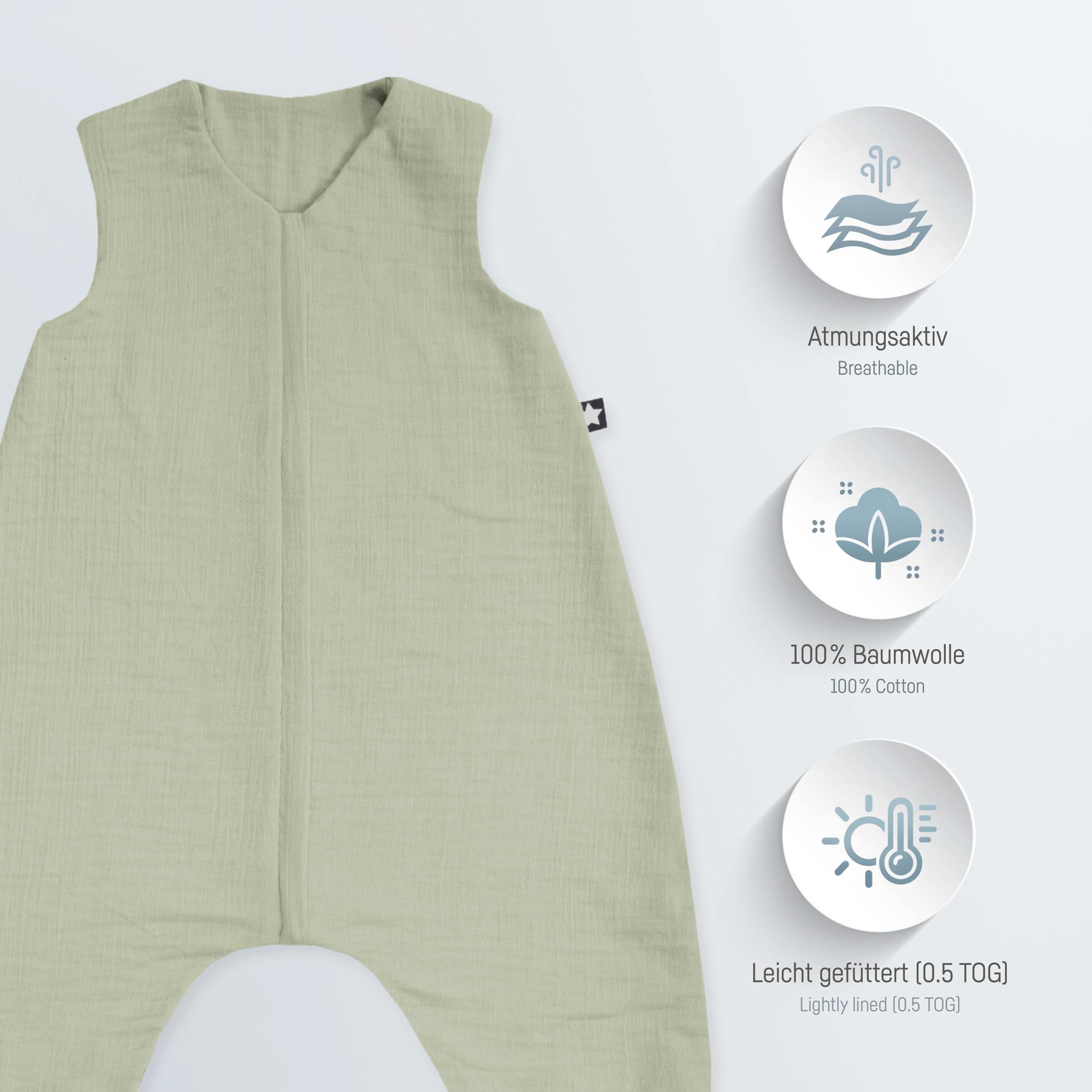 Julius Zöllner Tuta da notte in mussola, 0,5 TOG, misura 80, 100% mussola di cotone, certificazione Oeko-TEX Standard 100, colore: lime