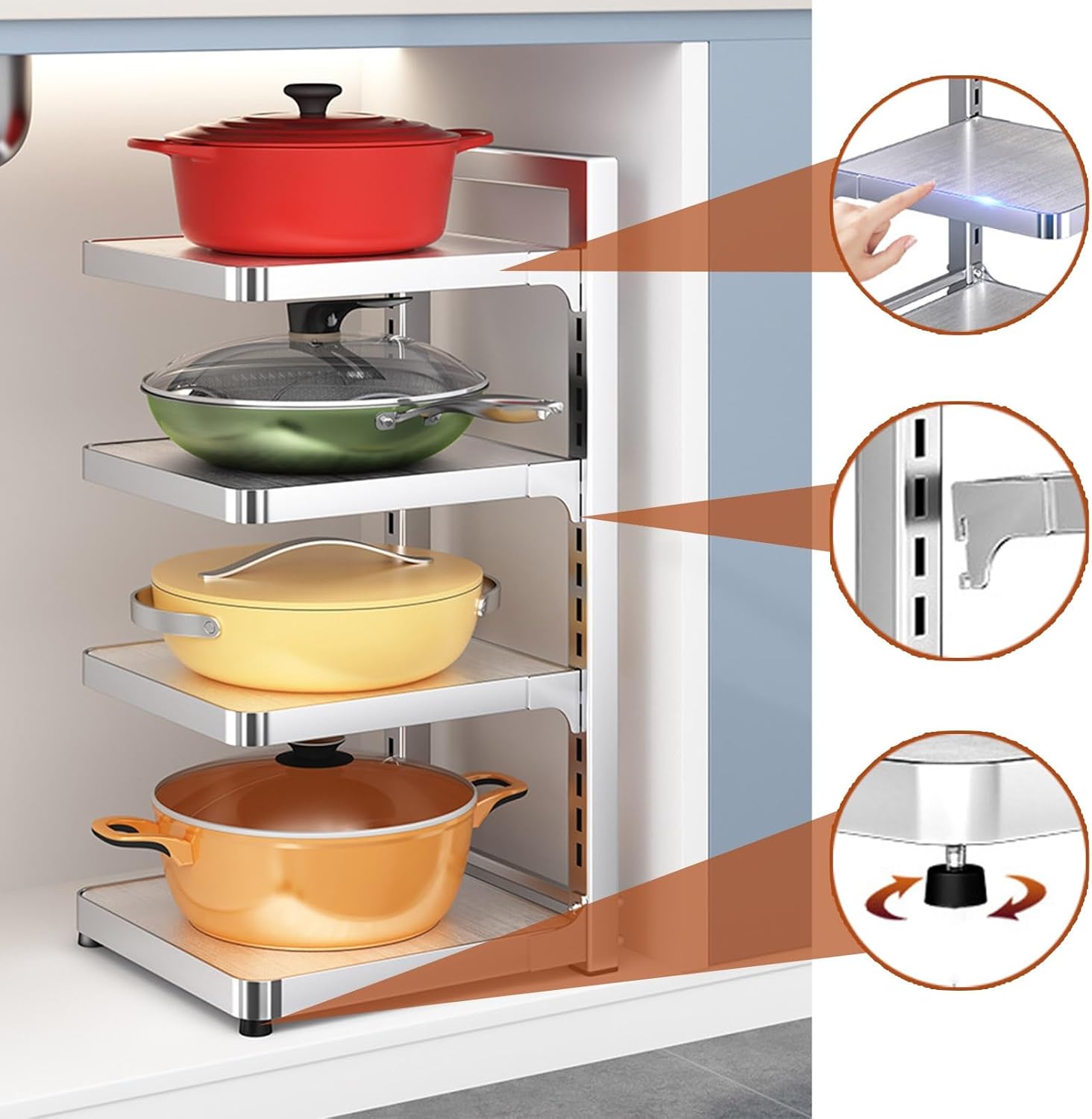 TemkIN Stainless Steel Pot and Pan Organizer Rack for Kitchen Counter, Adjustable Pan & Pot Rack Floor Organizer, Heavy Duty cookware Stand (Size : 4-Tier)