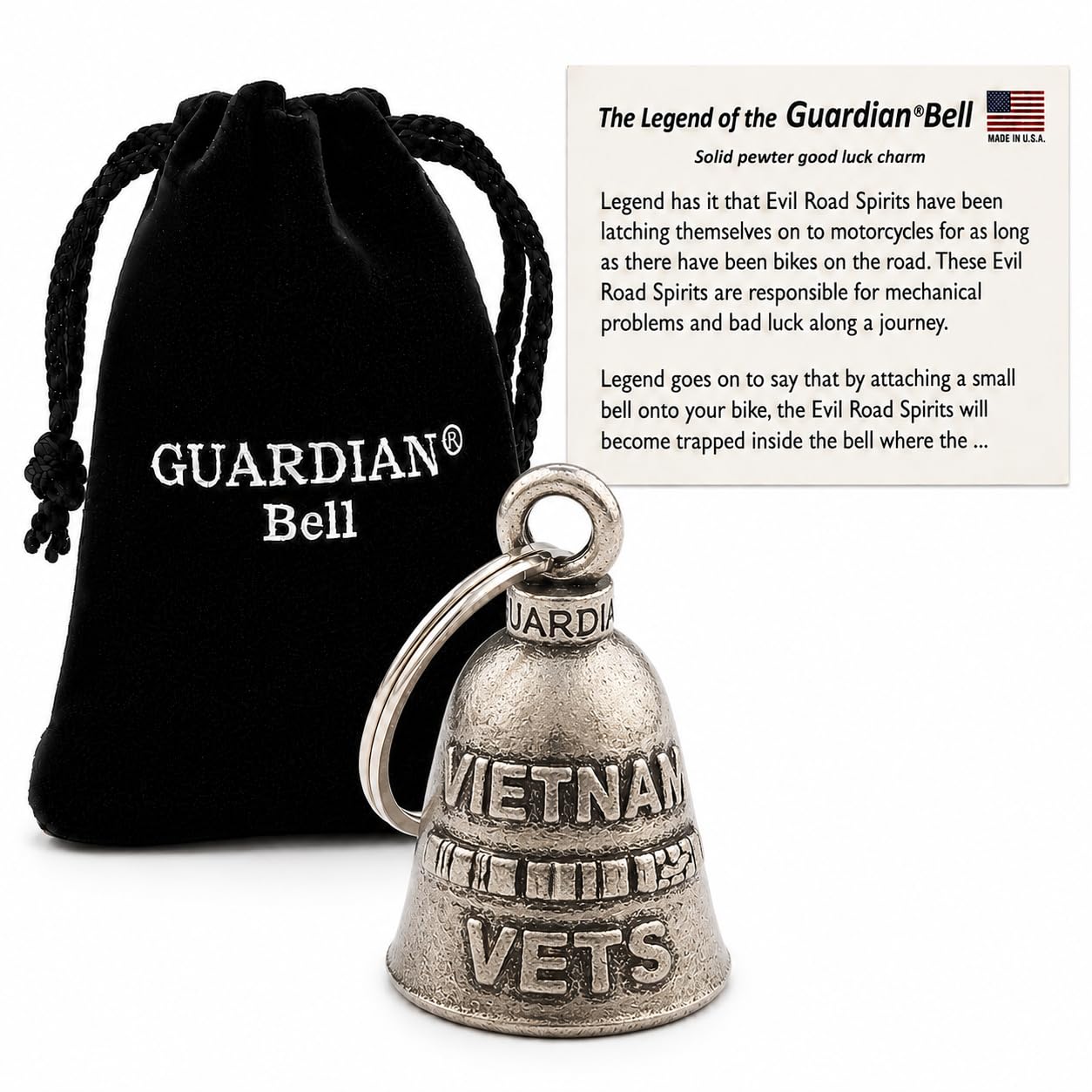 Guardian Bell Vietnam Vets Good Luck Bell w/Keyring &amp; Black Velvet Gift Bag | Motorcycle Bell | Lead-Free Pewter | Good Luck Gift to Friends &amp; Family | Bike Bell | Made in USA
