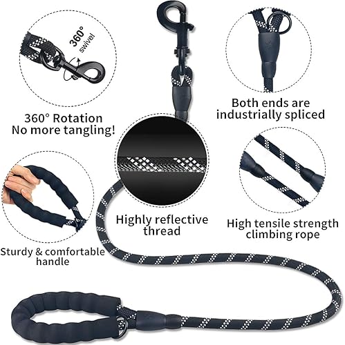 Miniatura 4 de Paquete de 2 correas para perro de 5 pies de grosor, cuerda de nailon duradera, cómoda asa acolchada, correa reflectante para perros medianos y