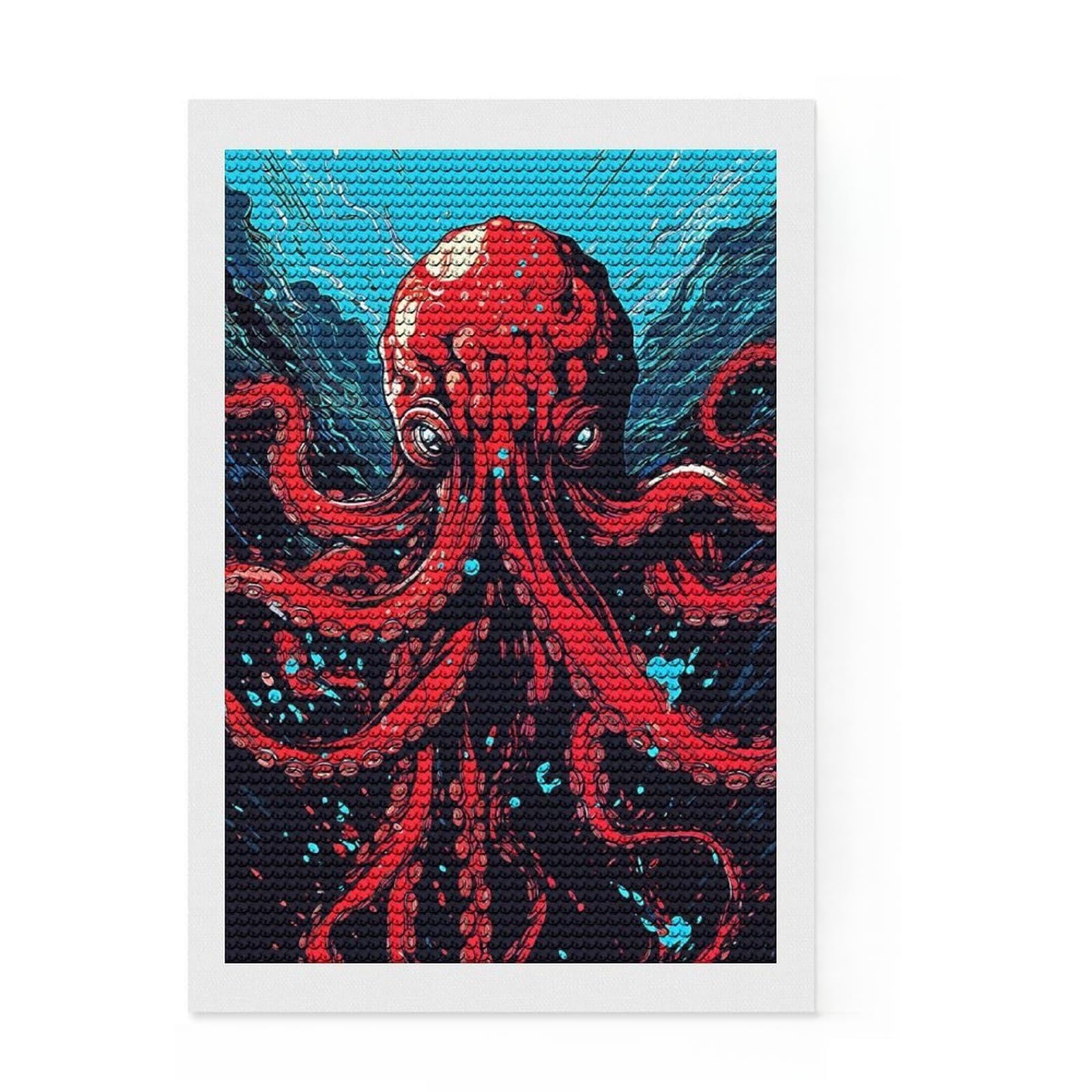 Junmoney Red Octopus Diamond Art Canvas 8"x12", Adhesive Canvas, Easy to Enjoy, Living Room Decor, Birthday Gift, Simple to Start