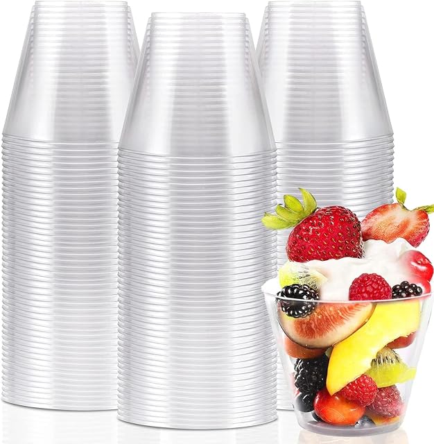 KAHEIGN 60Pcs Mini Dessert Cups, 270ml Plastic Round Dessert Cups Clear Parfait Appetizer Cup Reusable Serving Bowl Tumblers for Whiskey Wine Pudding Mousse Jello Party (9 x 7.5cm)