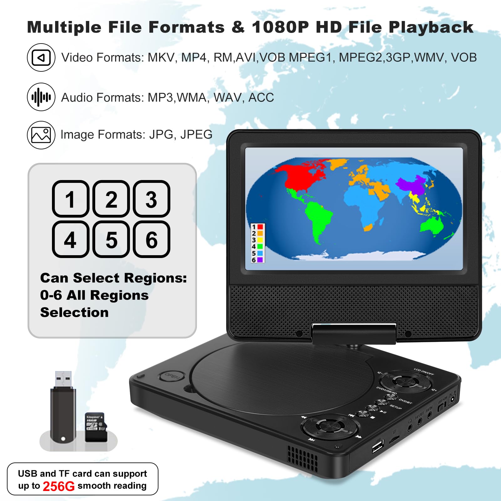 HotHat Lettore DVD portatile da 9,5 pollici per bambini e auto, schermo girevole HD da 7,5", Bluetooth 5.3, supporto video 1080p, batteria 5H, sincronizzazione cuffie wireless, senza regione, USB / TF