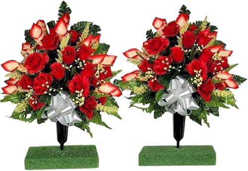 Realistic Artificial Cemetery Flowers - Jumbo Silk Faux Floral Red Rose and Calla Lily Bouquet for Grave - 2 Large Headstone Decorations - Memorial