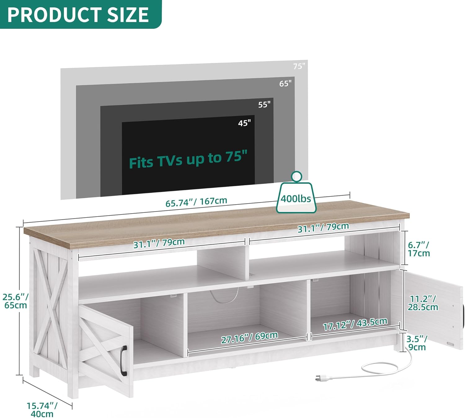 YITAHOME Farmhouse TV Stand for 65/75 Inch Television, Entertainment Center Television Stand with Power Outlets and Open Shelf, Media Console TV Cabinet for Living Room, Grey White/Grey Wash - Image 3