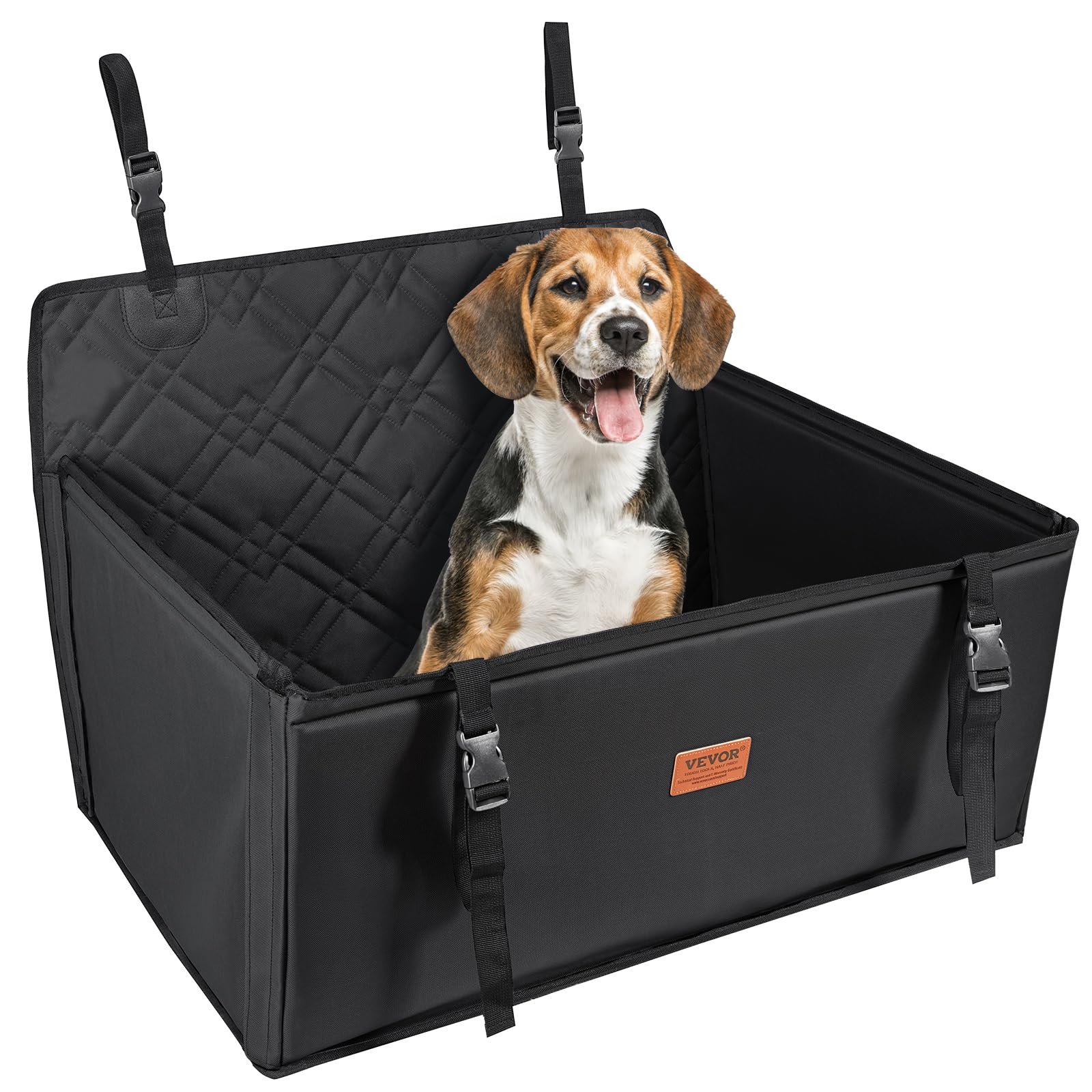 VEVOR Autositz Hunde 75 x 58 x 50 cm, Hundeautositz mit Stützrahmen, Haustierautositz mit ansteckbarer Sicherheitsleine, Baumwollfüllung, Rücksitz für kleine mittele Hunde bis 22 kg, Schwarz