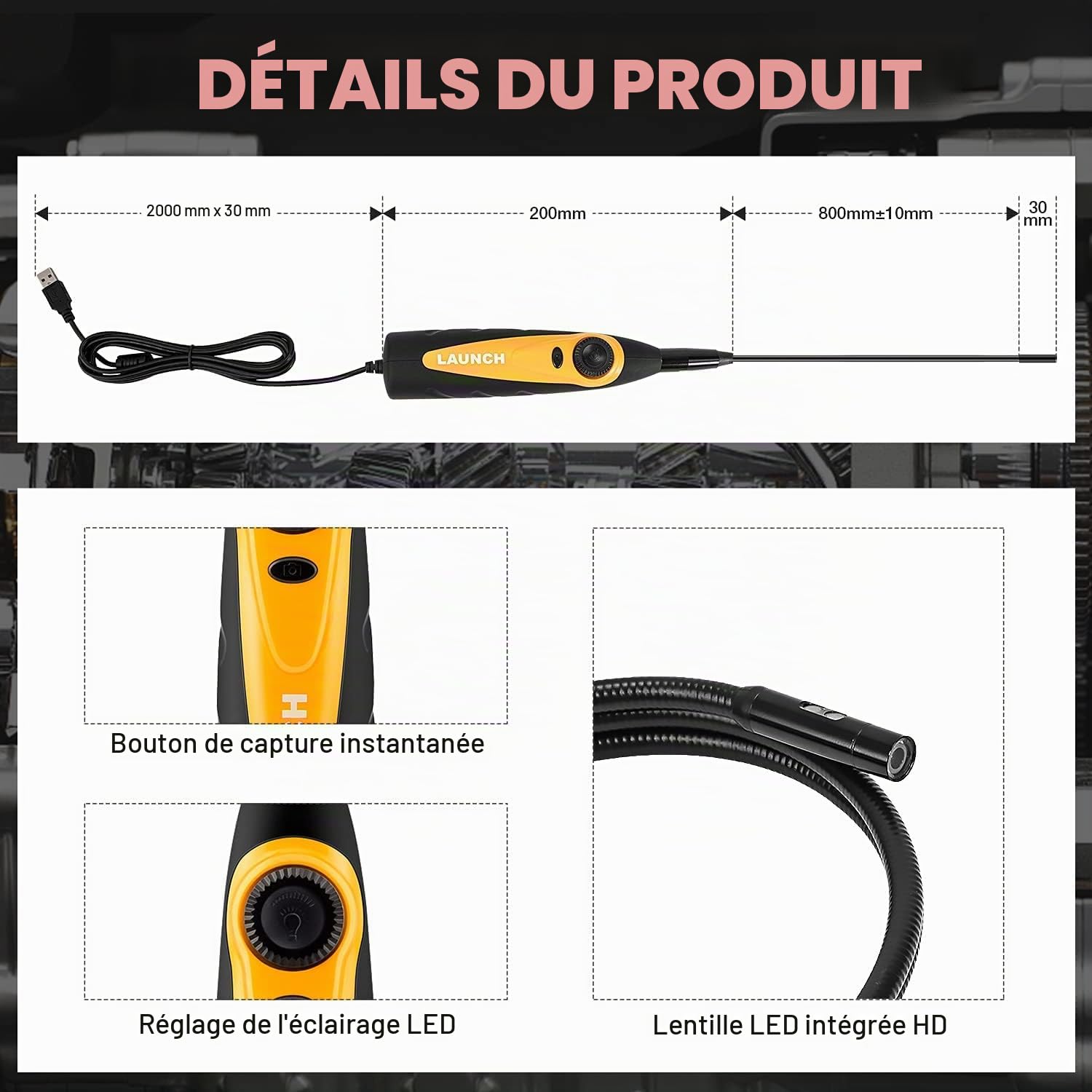 LAUNCH X431 VSP-600 USB Endoscope, 0.21 inch Snake IP67 Waterproof HD Videoscope Borescope, Suit pour X431 V, X431 PRO3S+ Scanner & Android Phone, with 6 Adjustable LED Lights